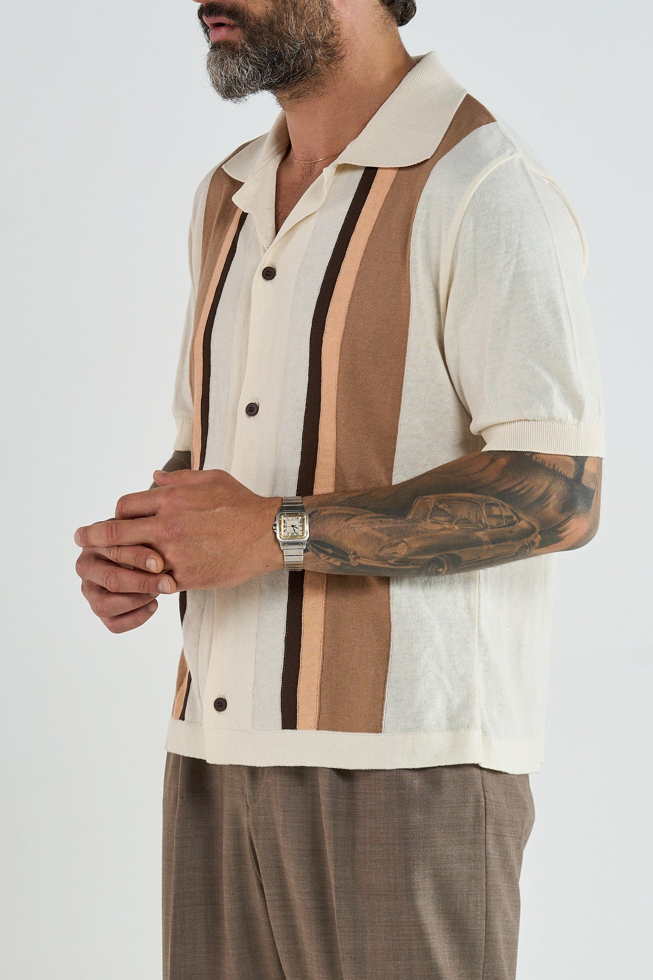 Polo Camicia Avorio con Righe a Contrasto