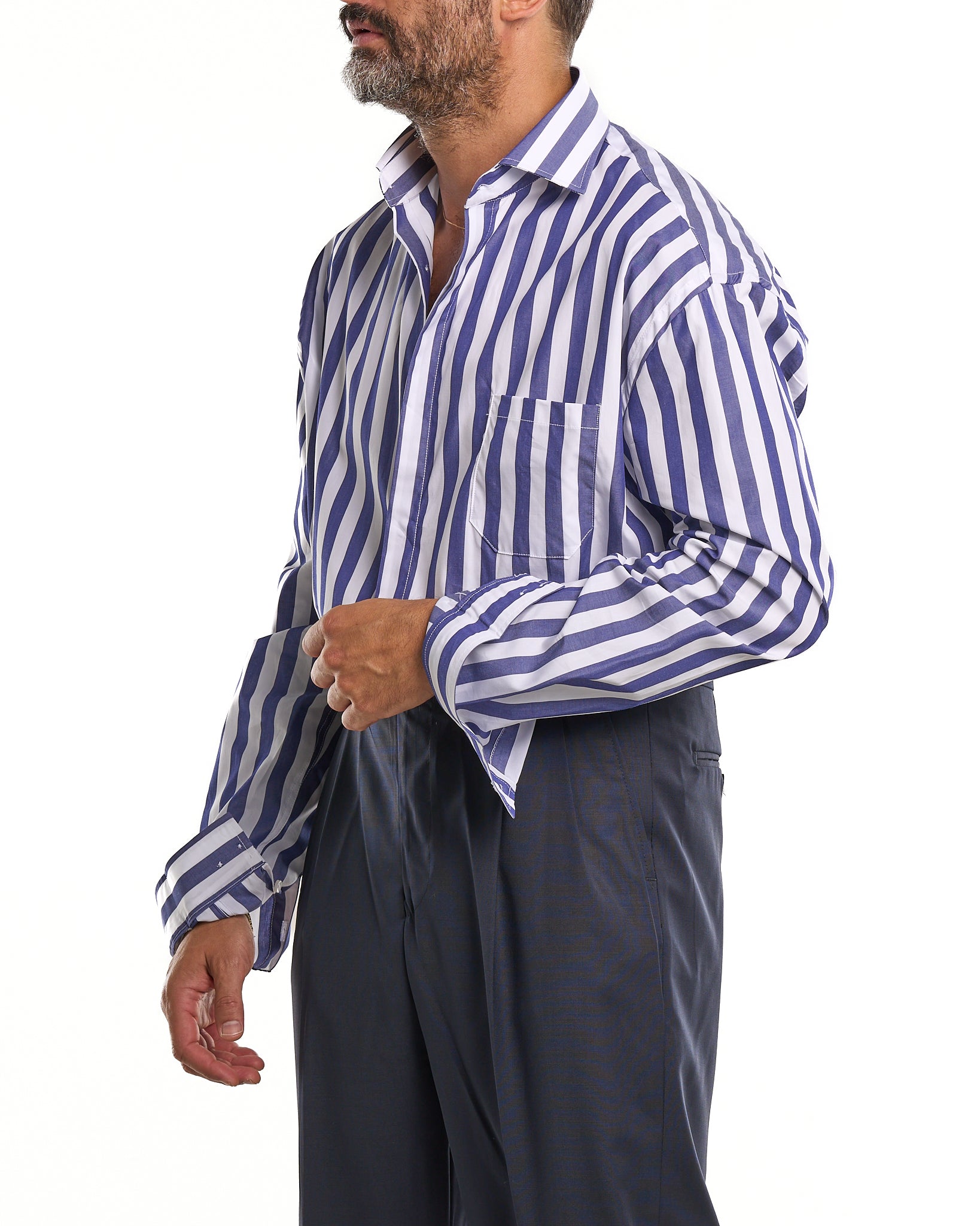 Oversized Shirt with Pocket and Double Stripe in Light Blue