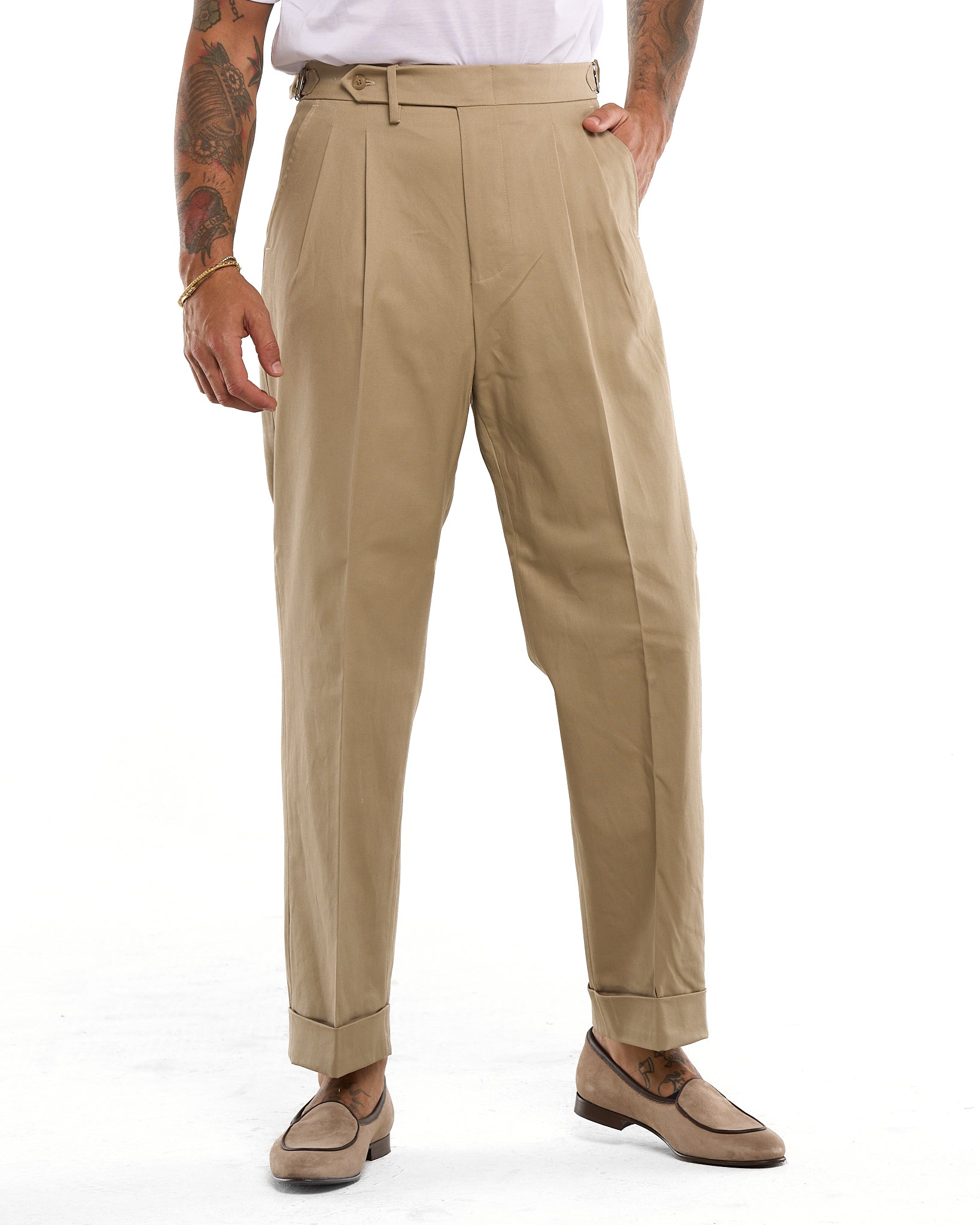 Pantalone Fondo Ampio e Fibbie Laterali in Cotone Beige