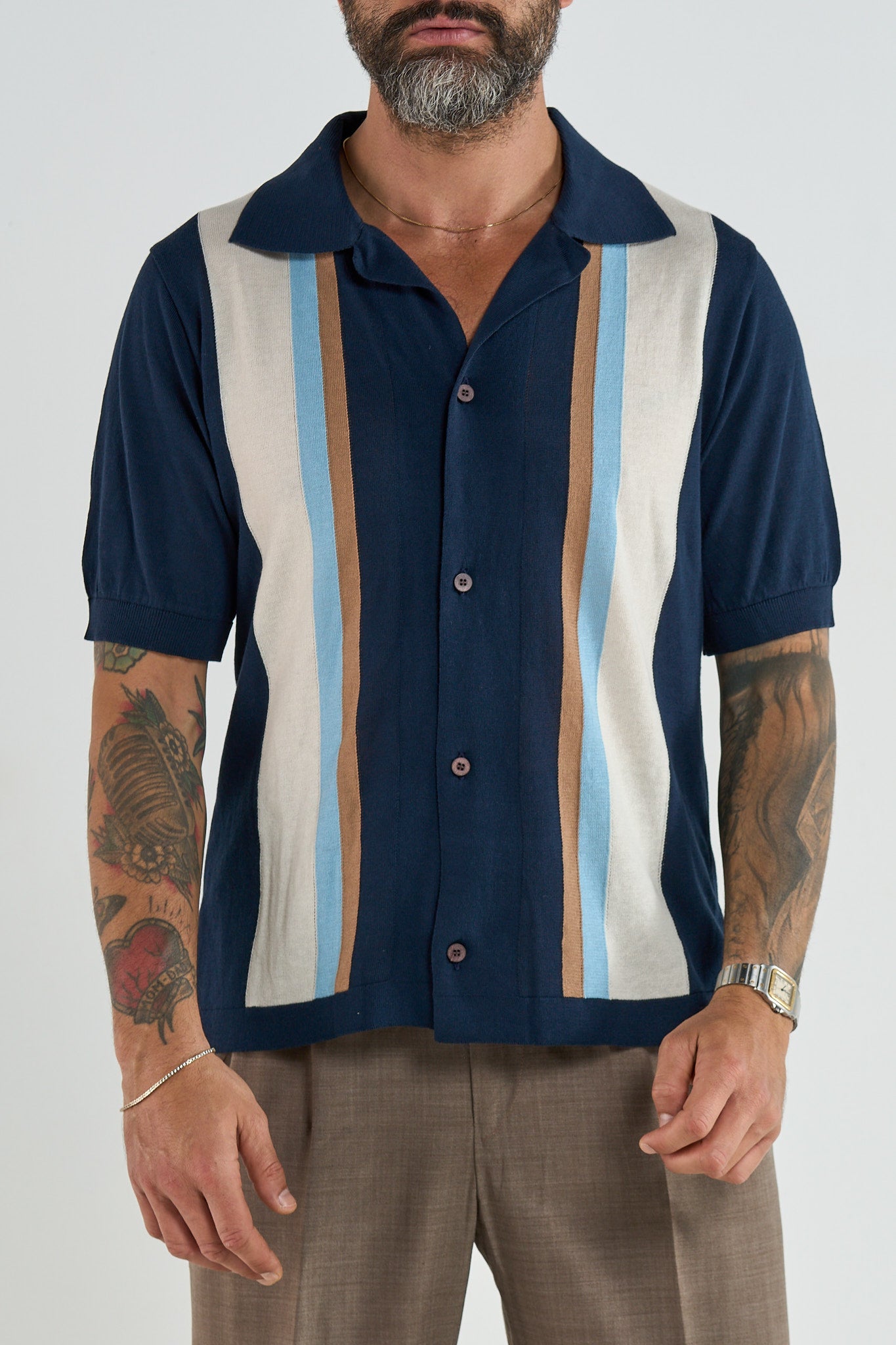 Polo Camicia Blu con Righe a Contrasto