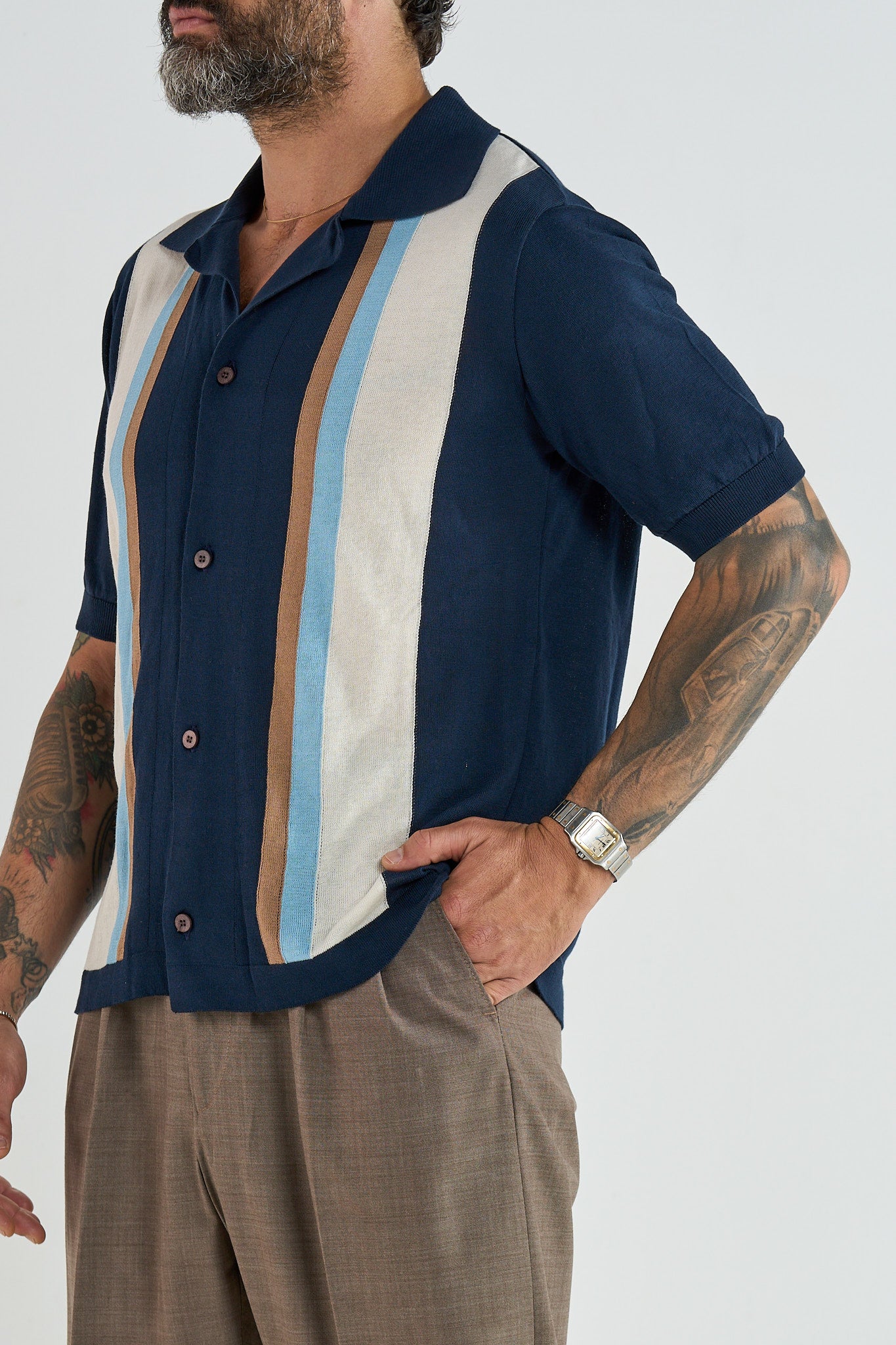 Polo Camicia Blu con Righe a Contrasto
