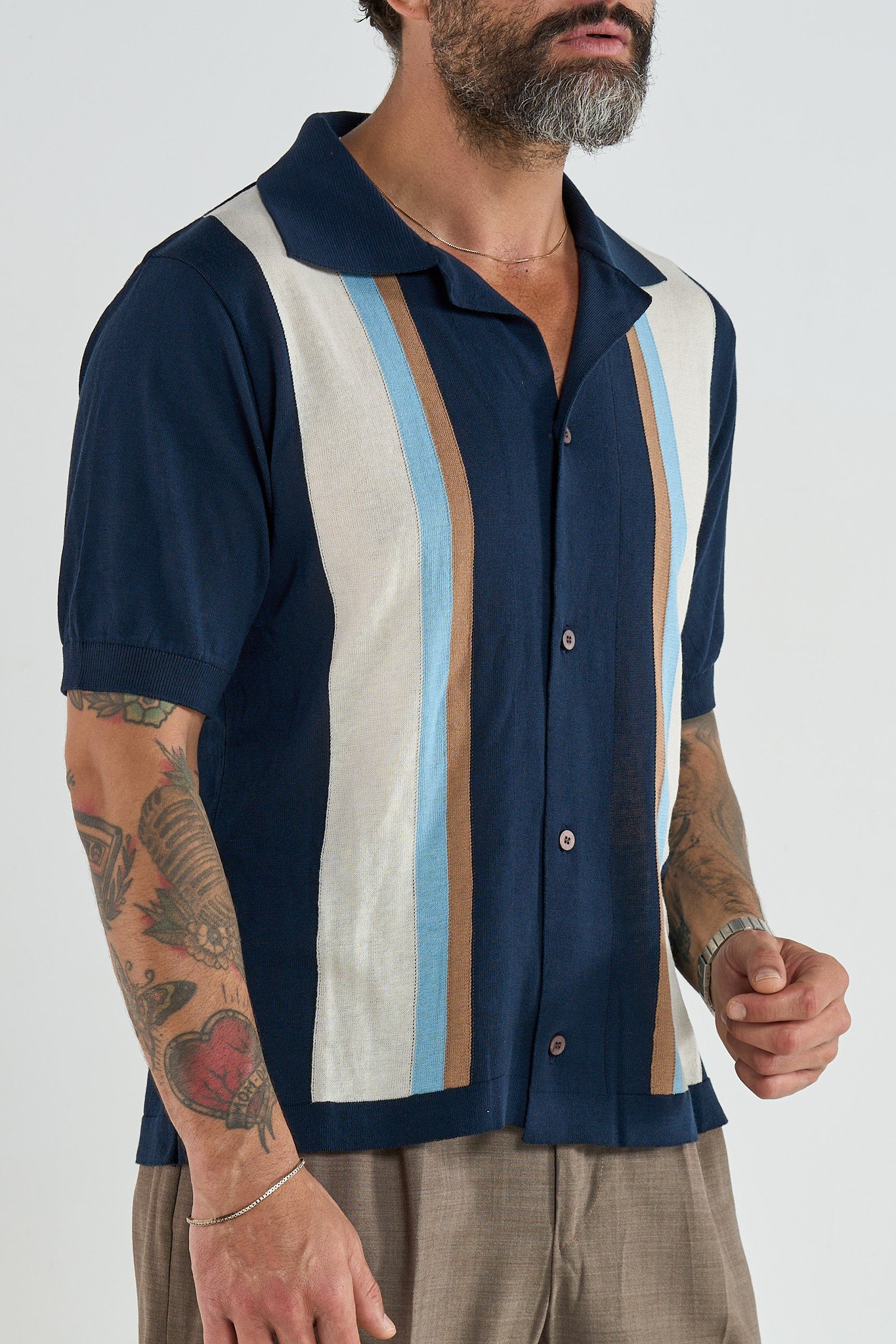 Polo Camicia Blu con Righe a Contrasto