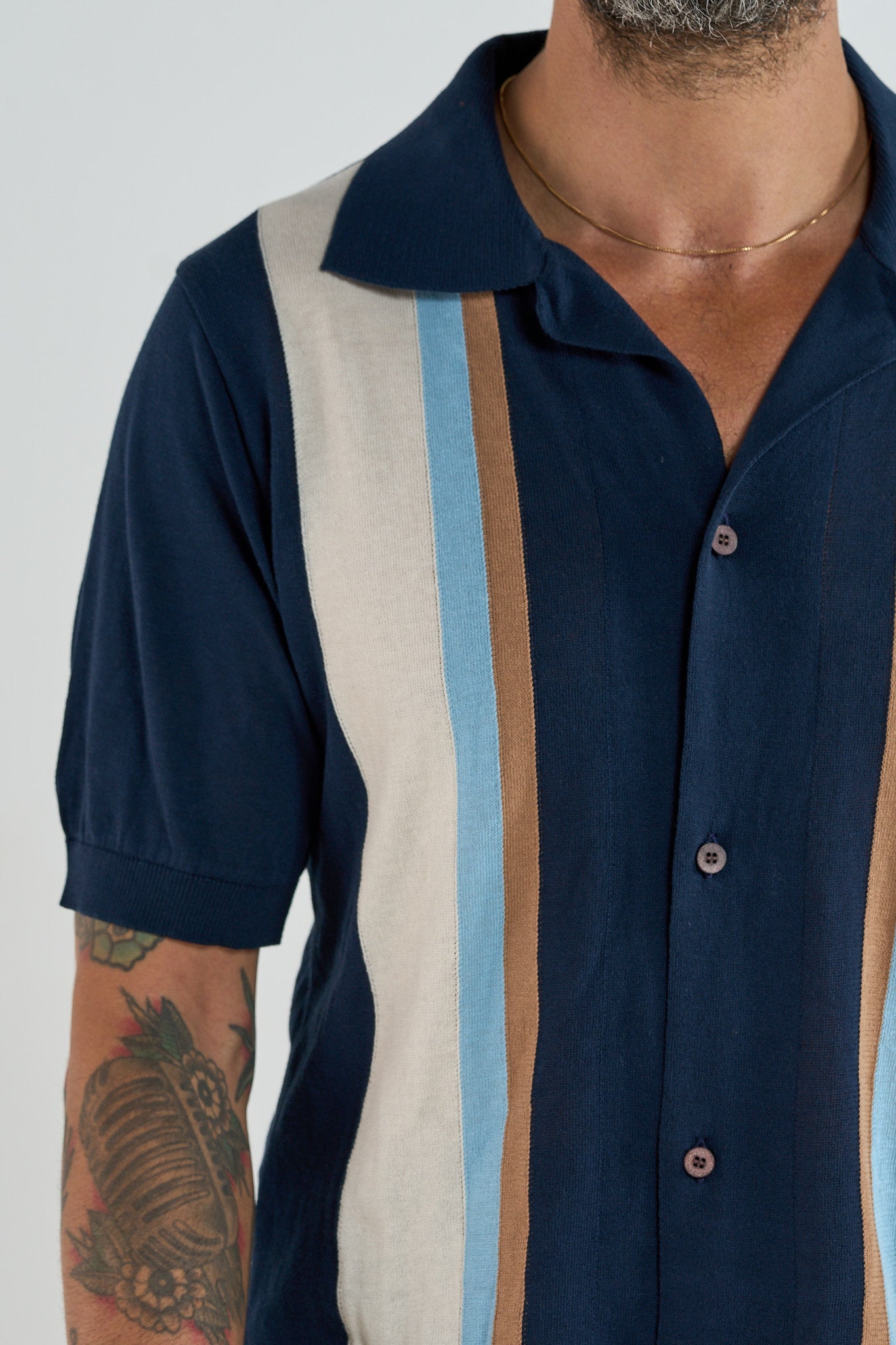 Polo Camicia Blu con Righe a Contrasto