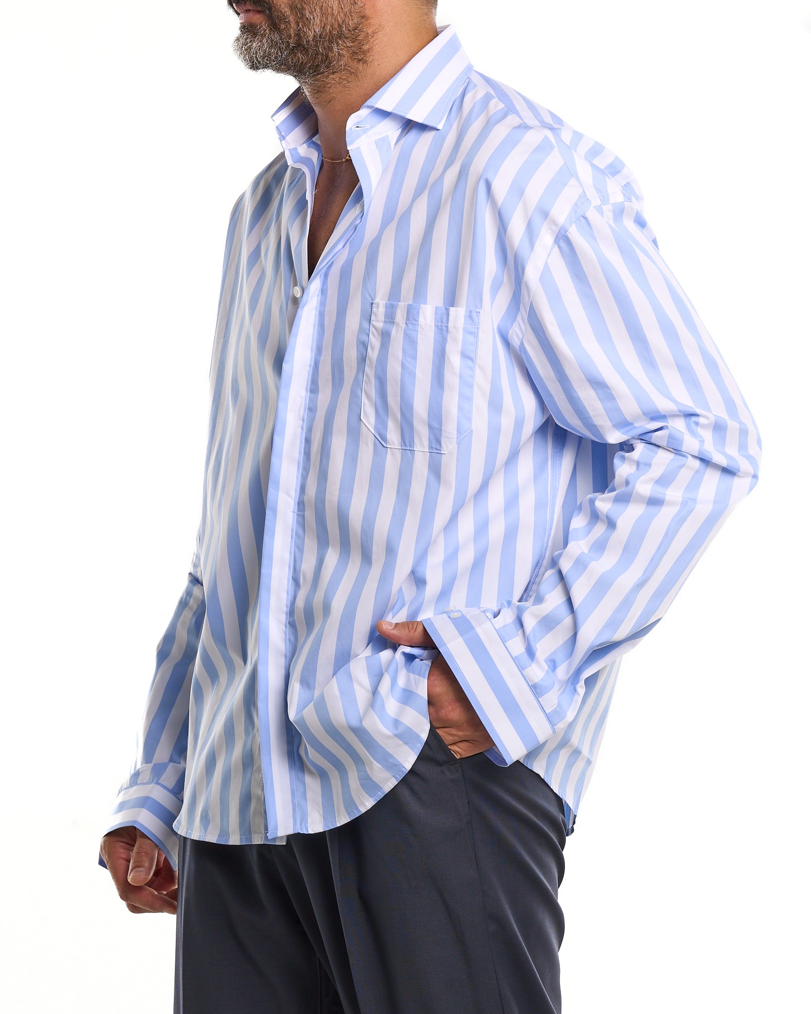 Oversized Shirt with Pocket and Double Stripe in Light Blue