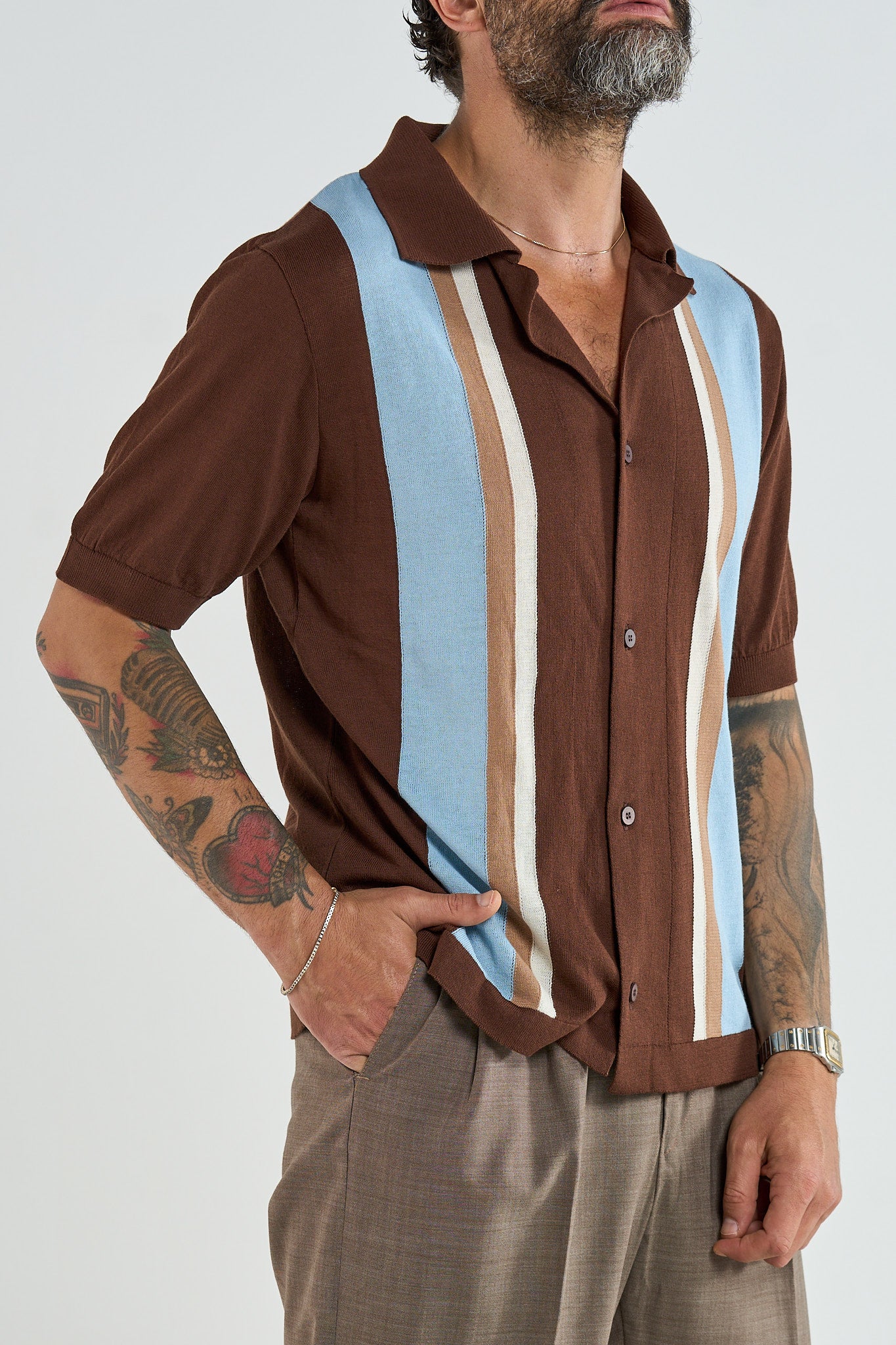 Polo Camicia Moro con Righe a Contrasto