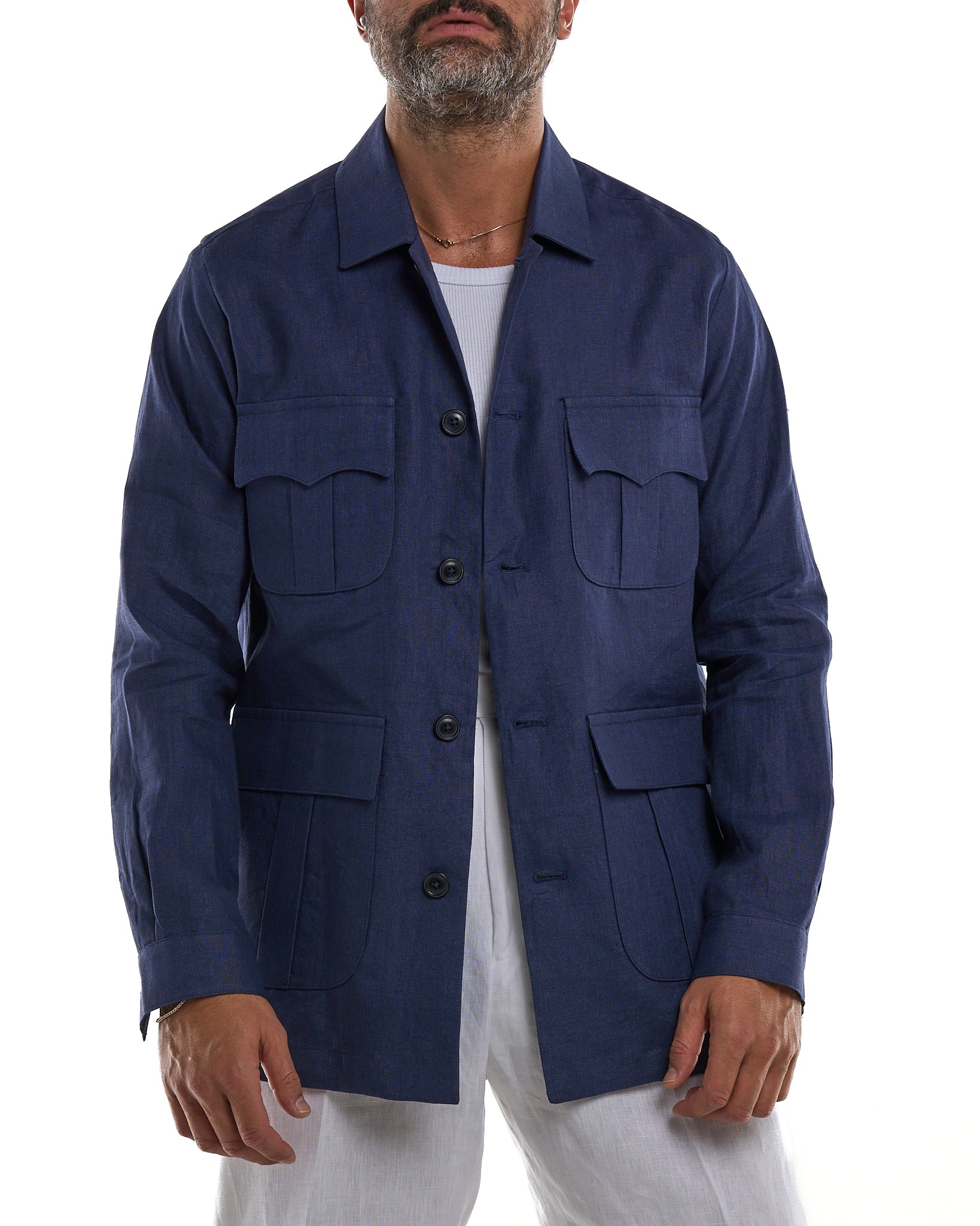 Camicia Sahariana in 100% Lino Blu