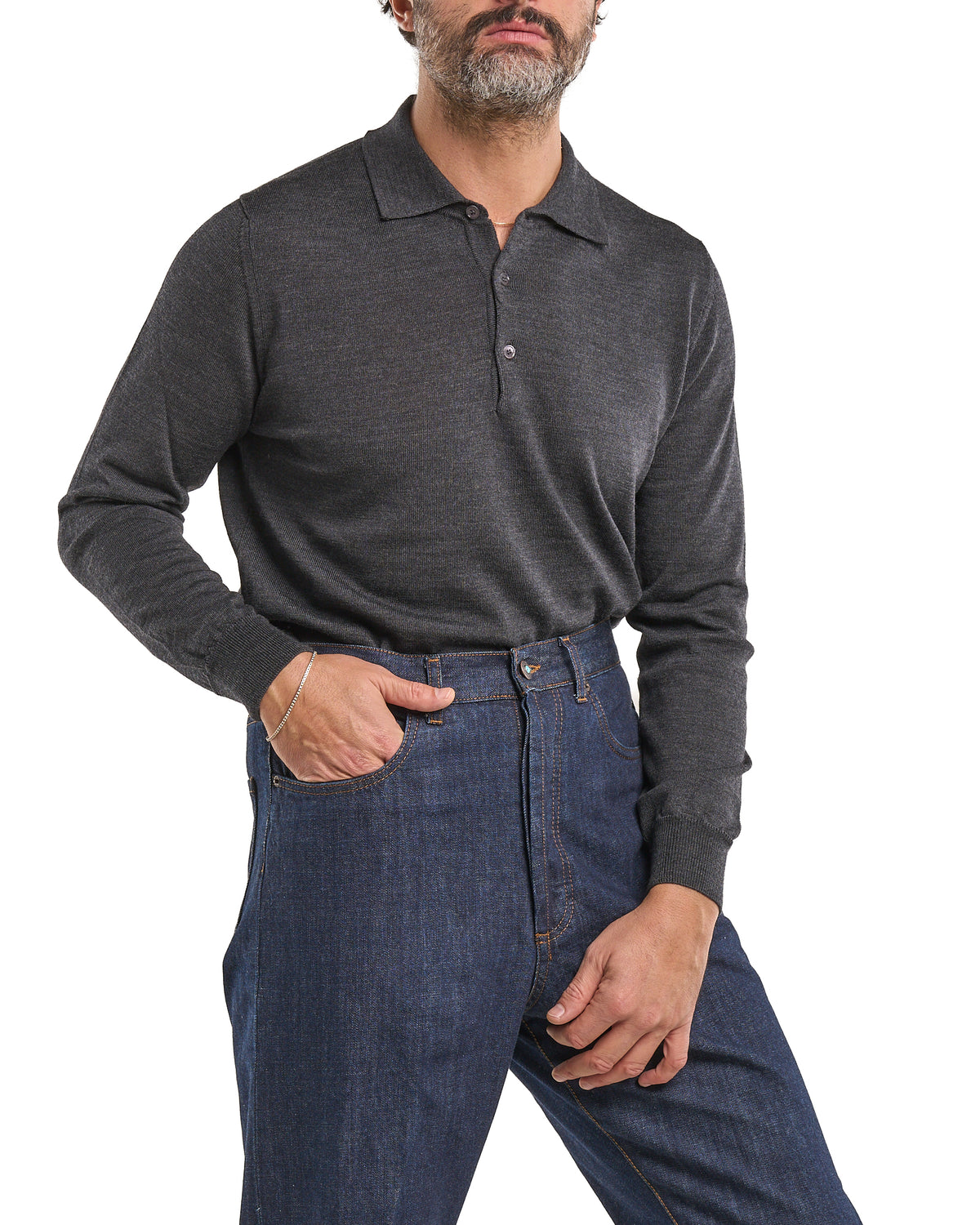Camiseta con cuello mao y cierre frontal 100 % lana merina gris