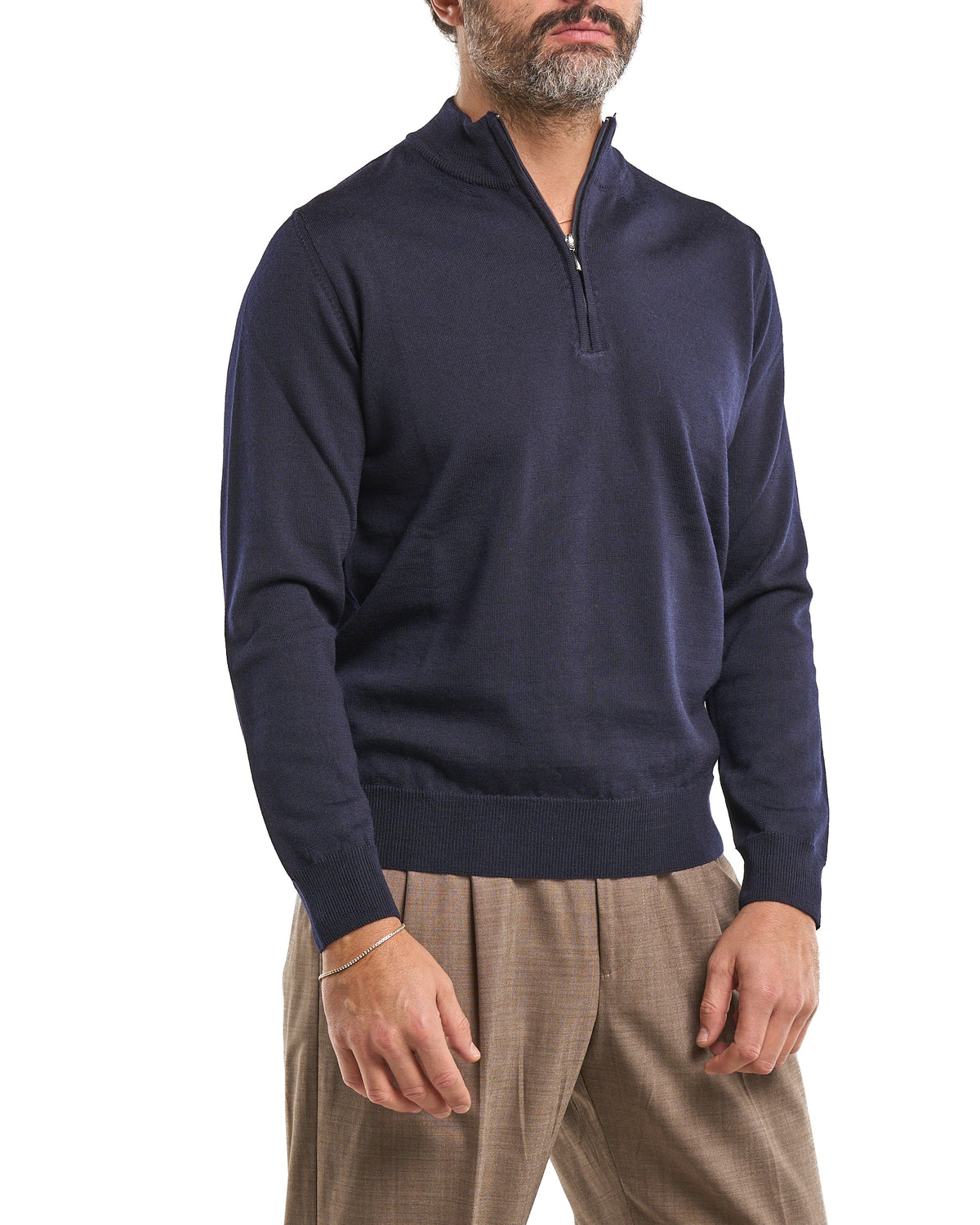 Camiseta con cuello mao y cierre frontal 100 % lana merina blu