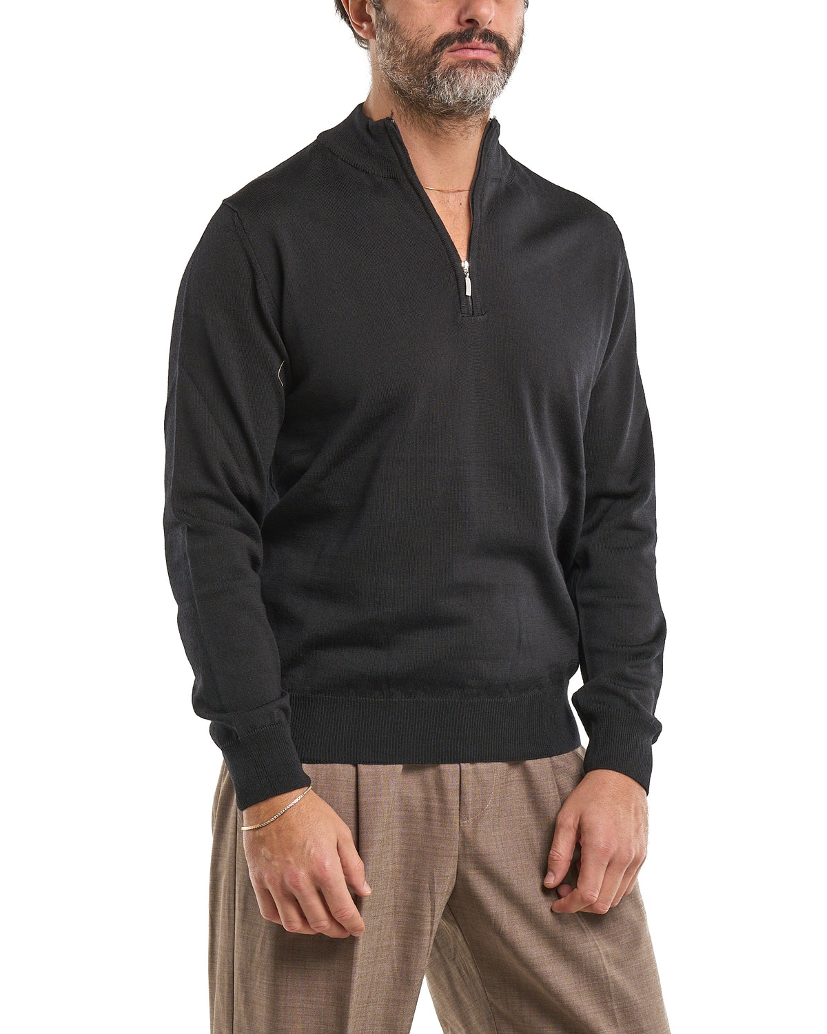 Zip-Neck Polo in 100% Merino Wool – Black