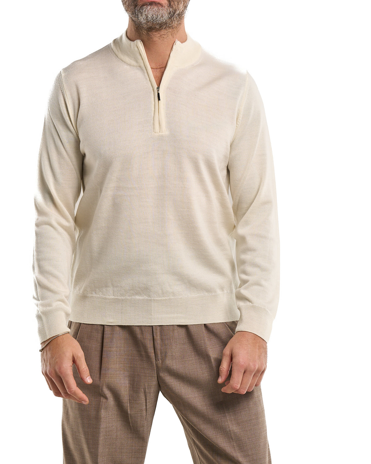 Zip-Neck Polo in 100% Merino Wool – Cream