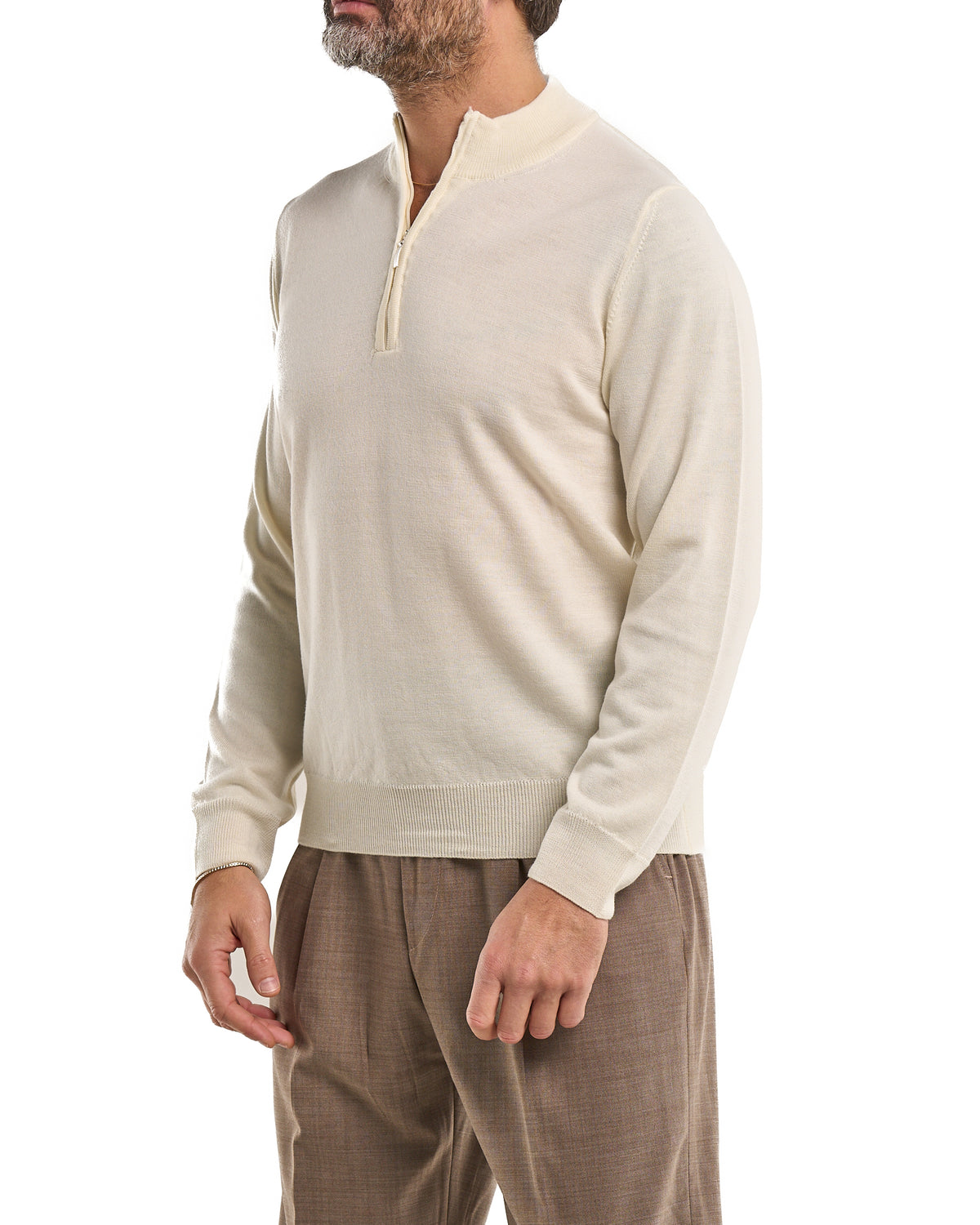 Zip-Neck Polo in 100% Merino Wool – Cream