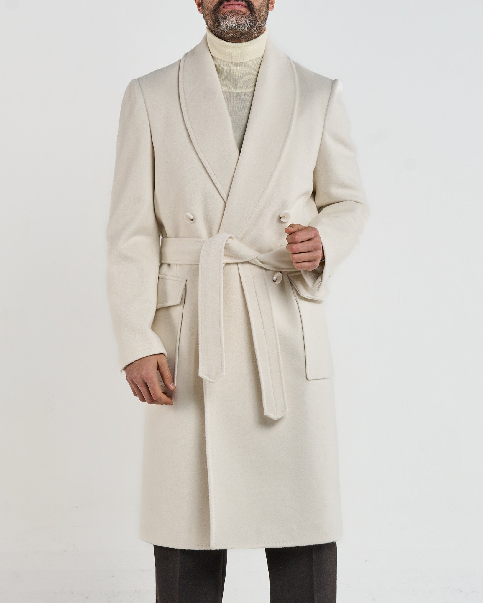 Cappotto Doppiopetto con Rever a Scialle Panna