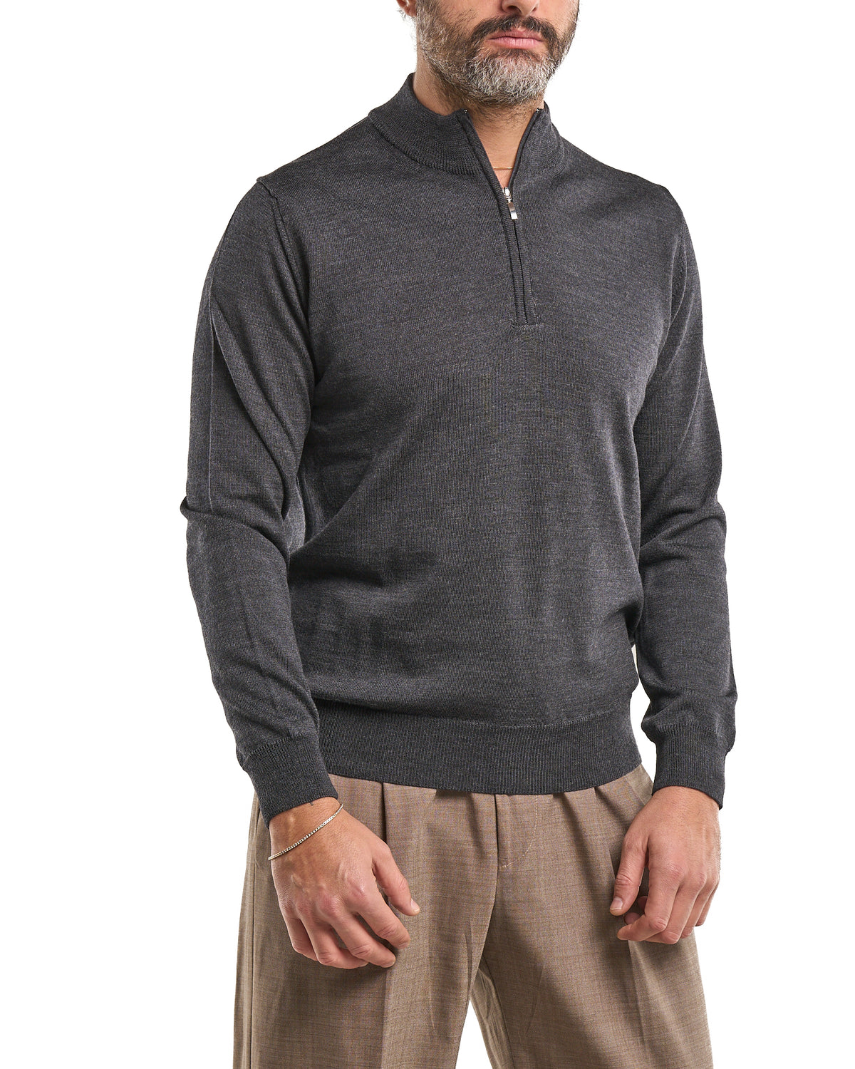 Camiseta con cuello mao y cierre frontal 100 % lana merina gris
