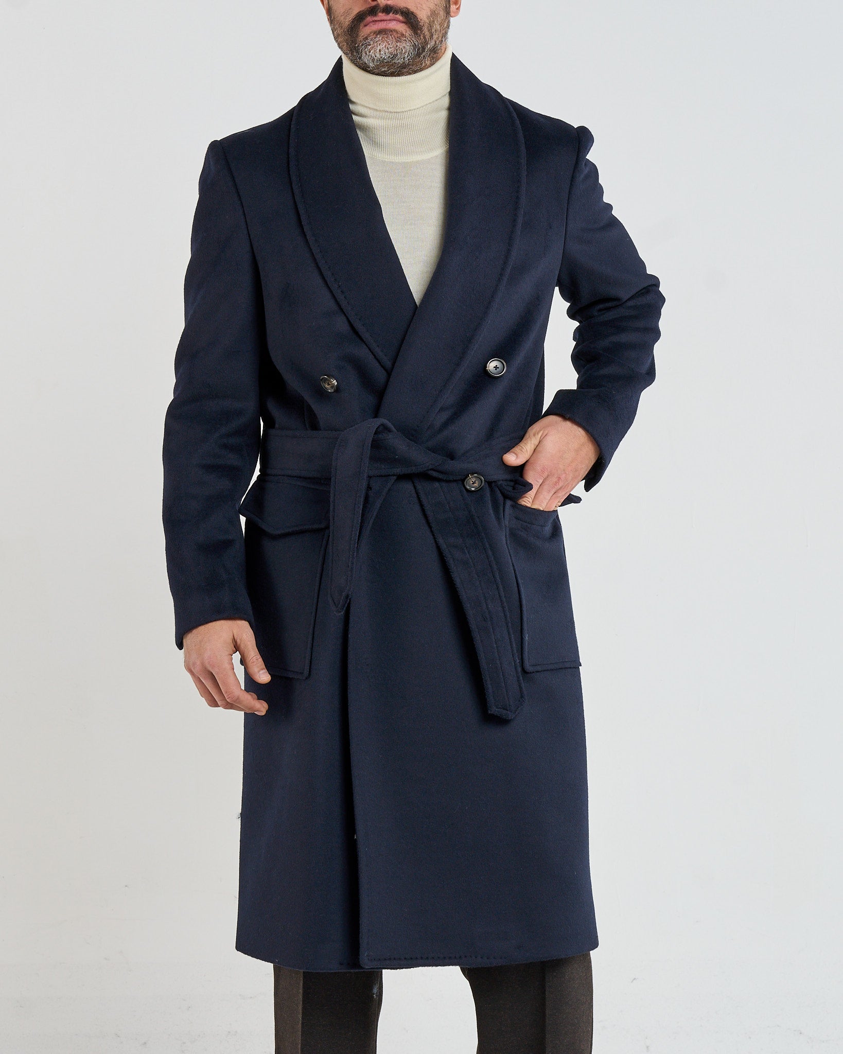 Cappotto Doppiopetto con Rever a Scialle Blu