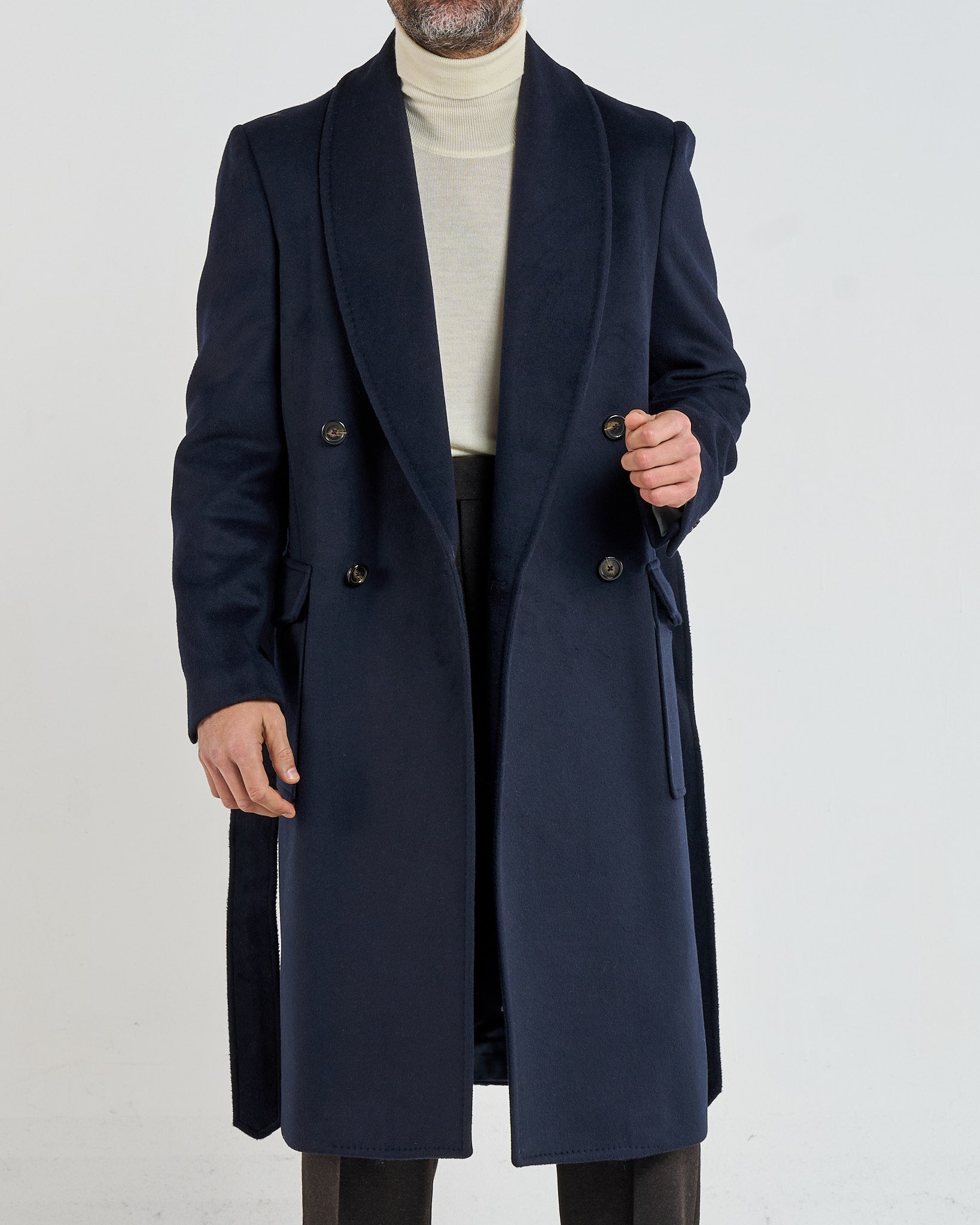 Cappotto Doppiopetto con Rever a Scialle Blu