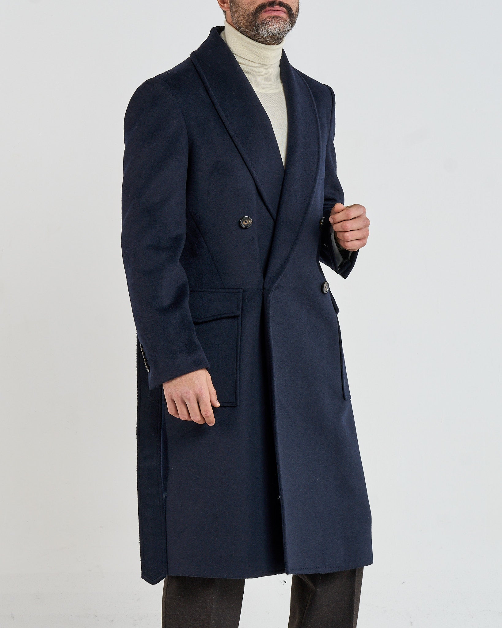 Double-Breasted Coat with Blue Shawl Lapel