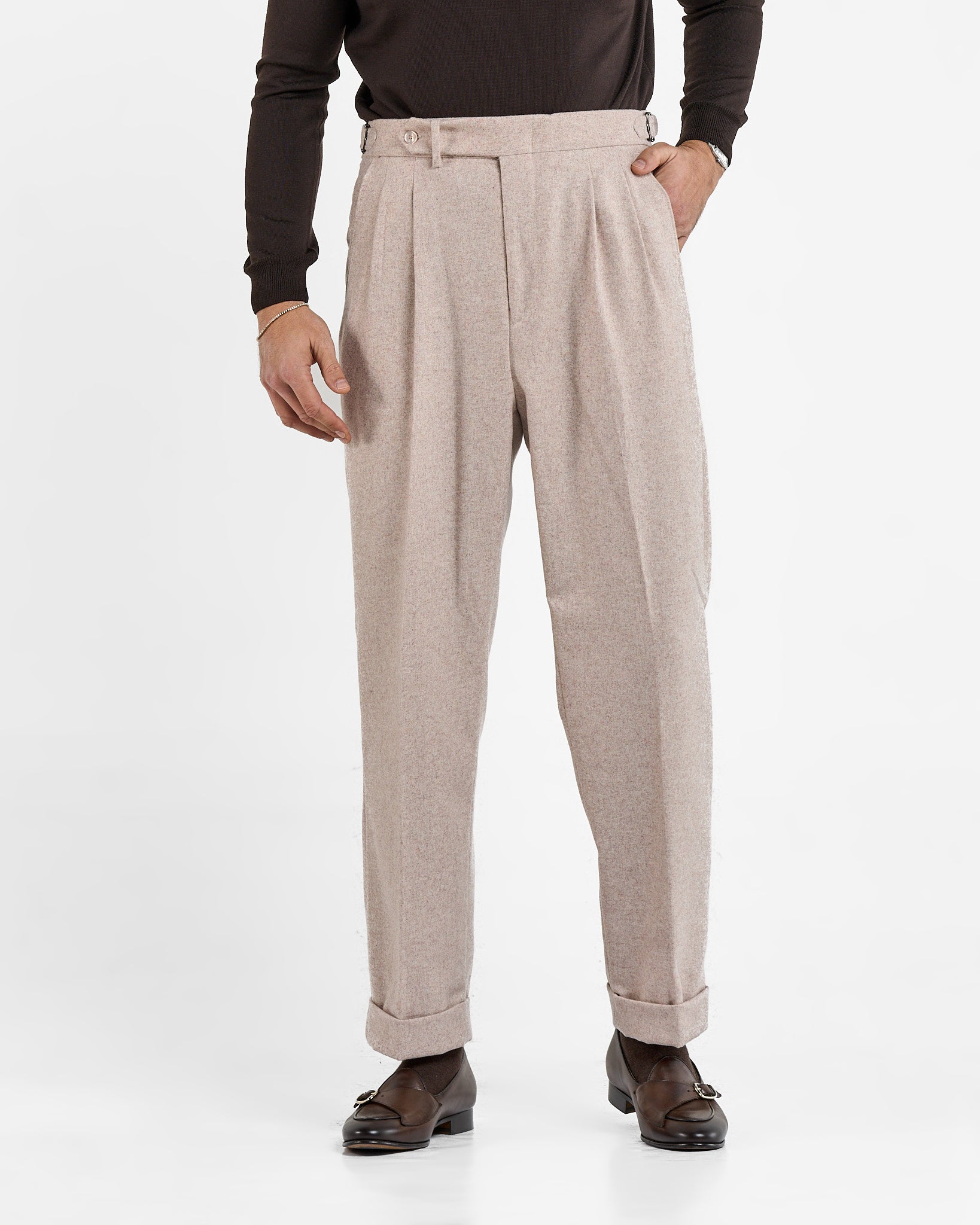 Pantalone Fondo Ampio e Fibbie Laterali in Flanella Rosino Megève