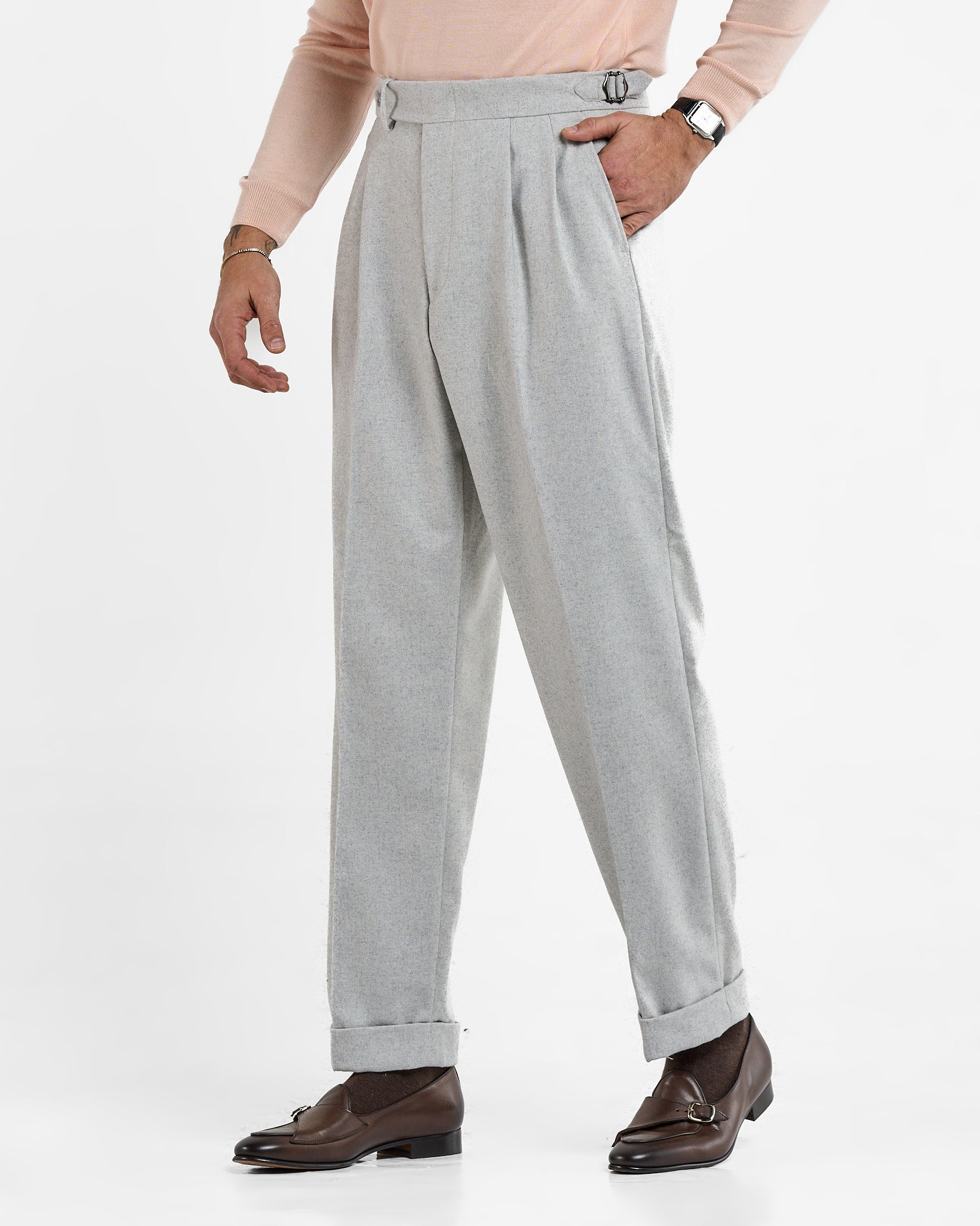 Pantalone Fondo Ampio e Fibbie Laterali in Flanella Grigio Chamonix