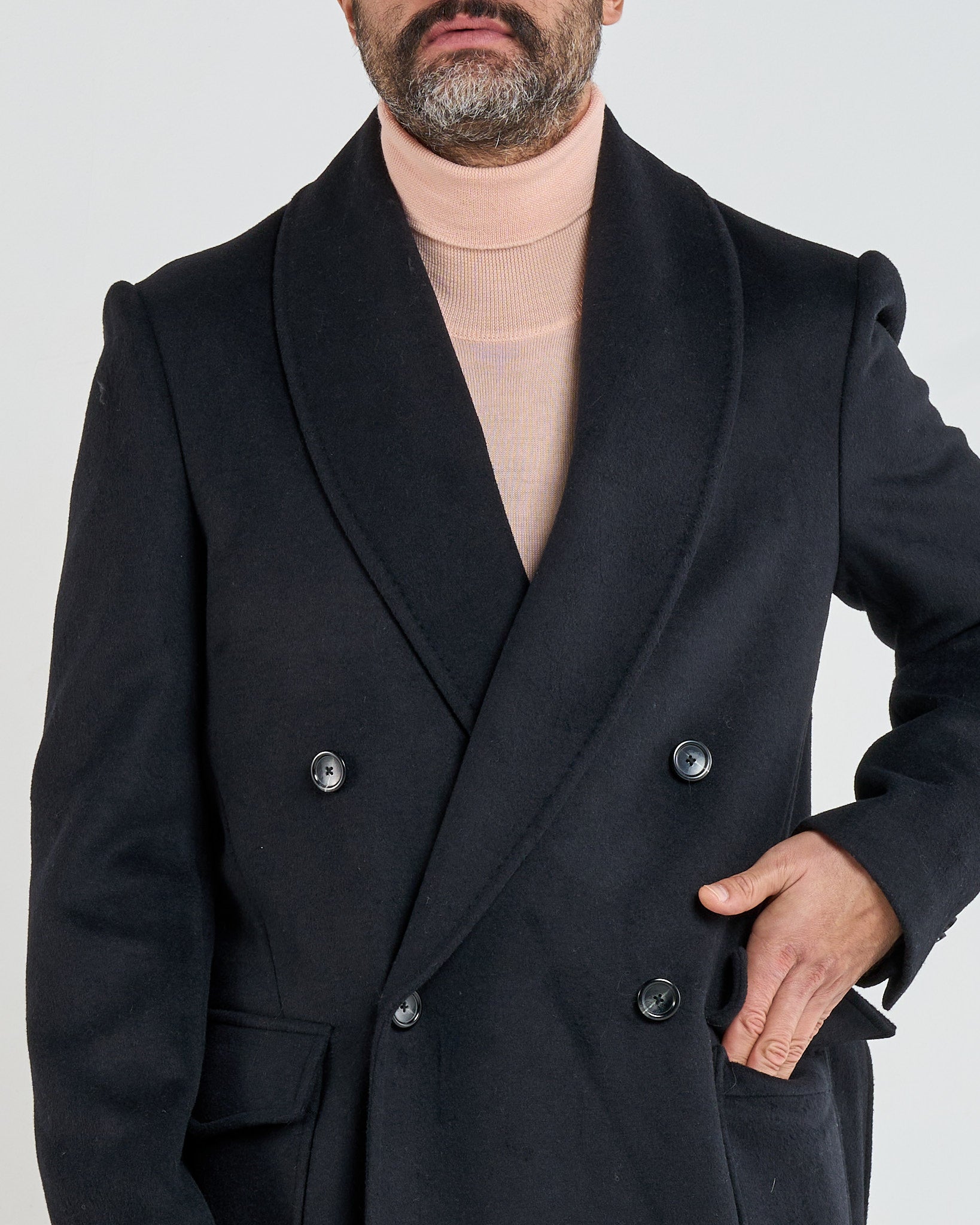 Black Double-Breasted Coat with Shawl Lapel
