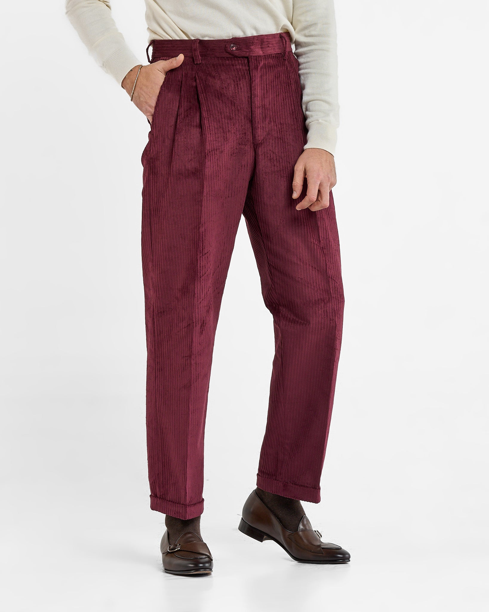 Pantalone in Velluto a Coste Fondo Ampio con Passanti Bordò