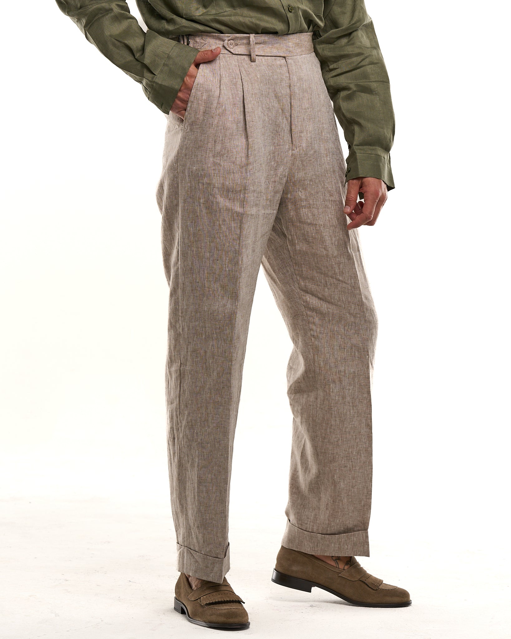 Pantalone Fondo Ampio e Fibbie Laterali in Lino Naturale