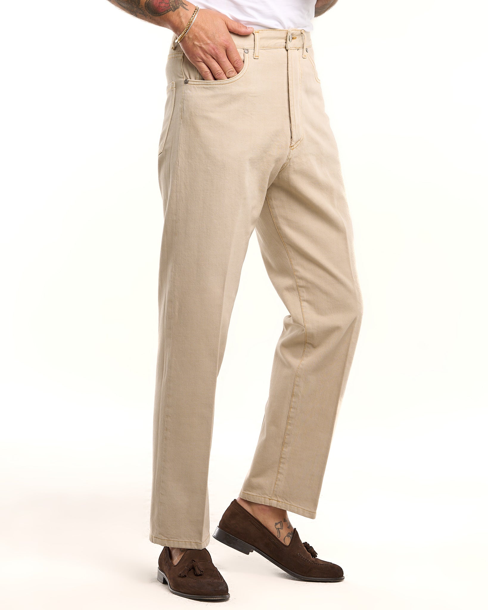 Jeans Vita Alta Fondo Ampio Crema