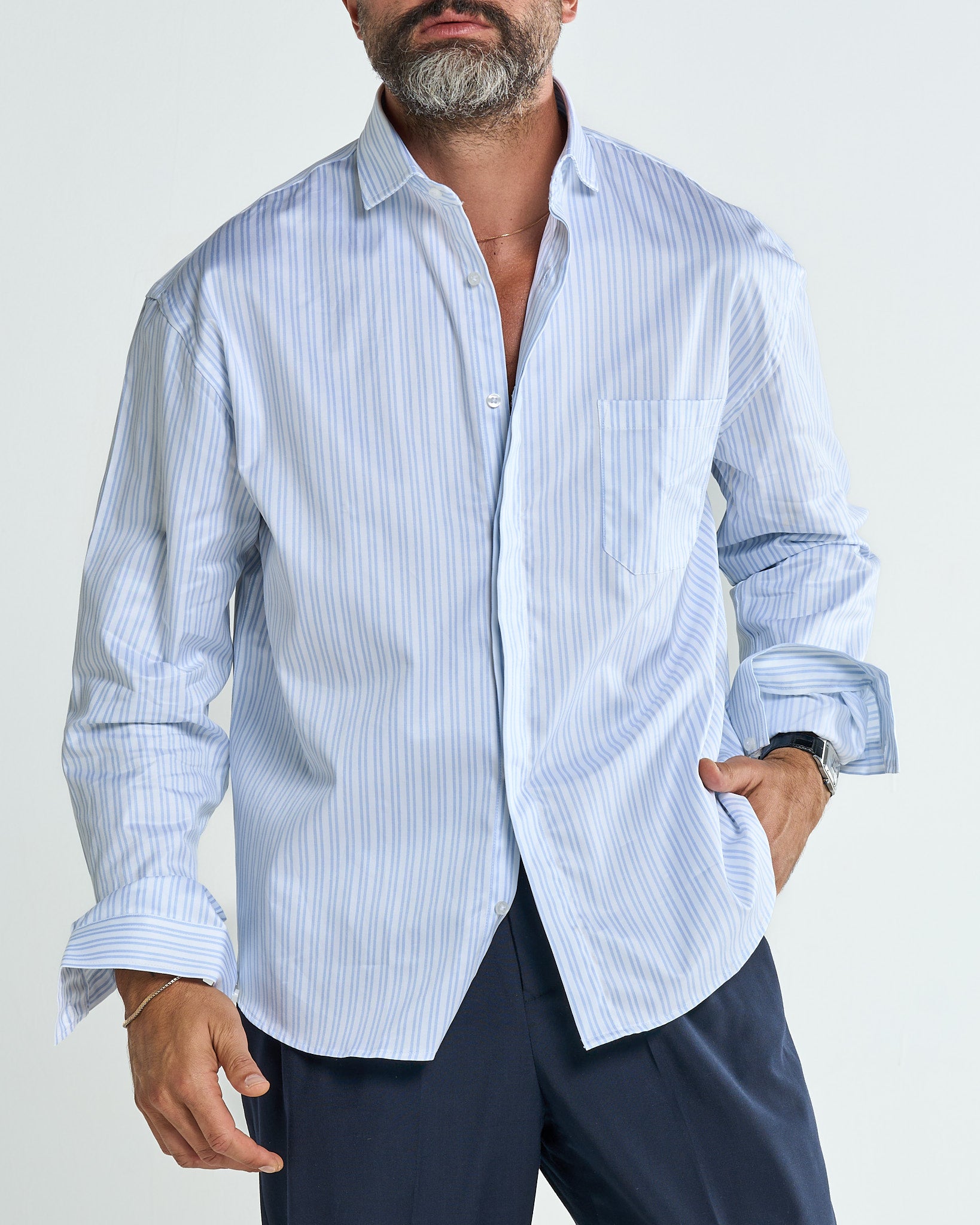 Camicia Over con Taschino Riga Doppia Azzurra