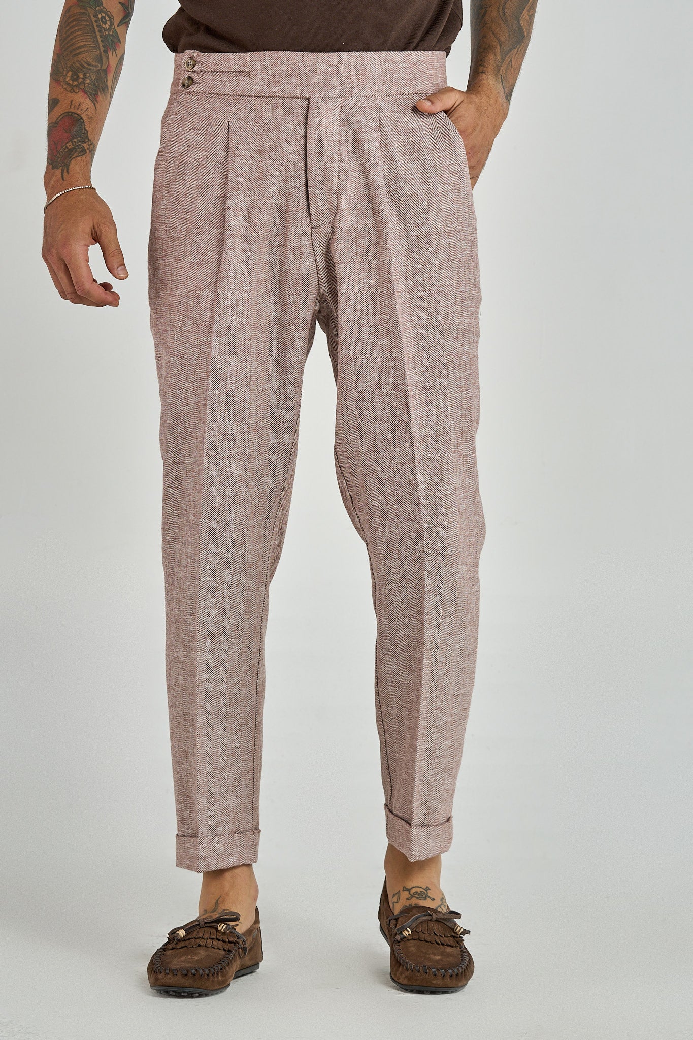 Pantalone Biforcato in Lino Spigato Cacao