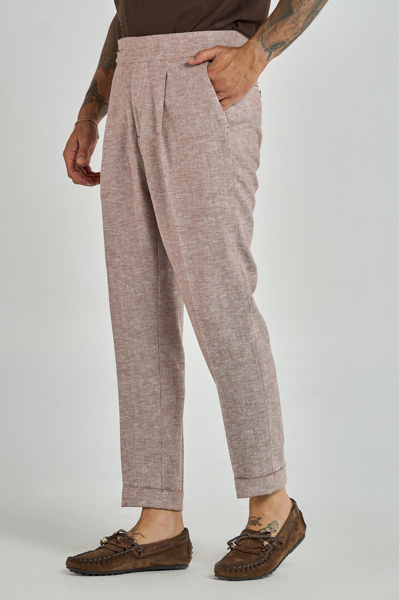 Pantalone Biforcato in Lino Spigato Cacao