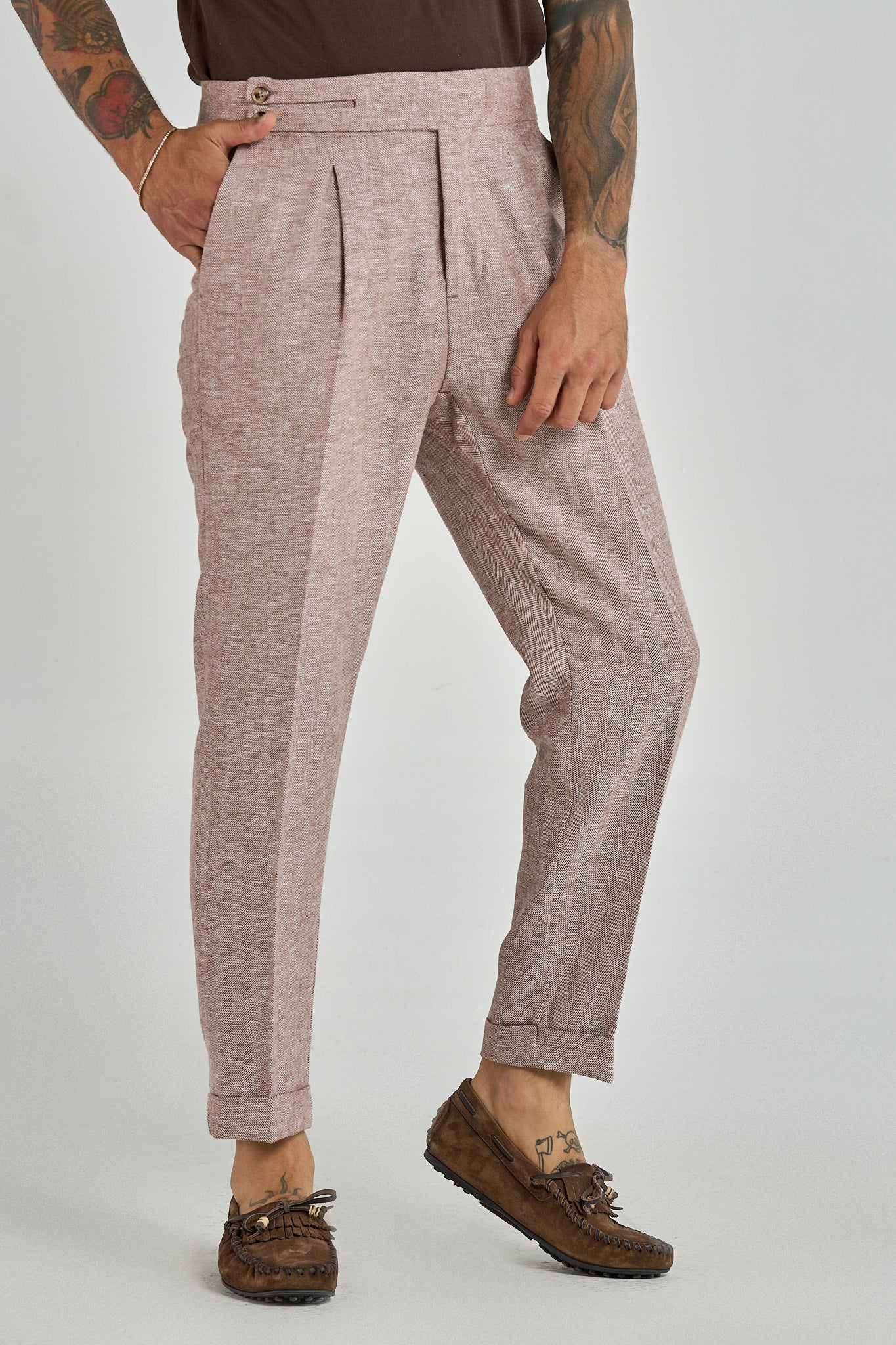 Pantalone Biforcato in Lino Spigato Cacao