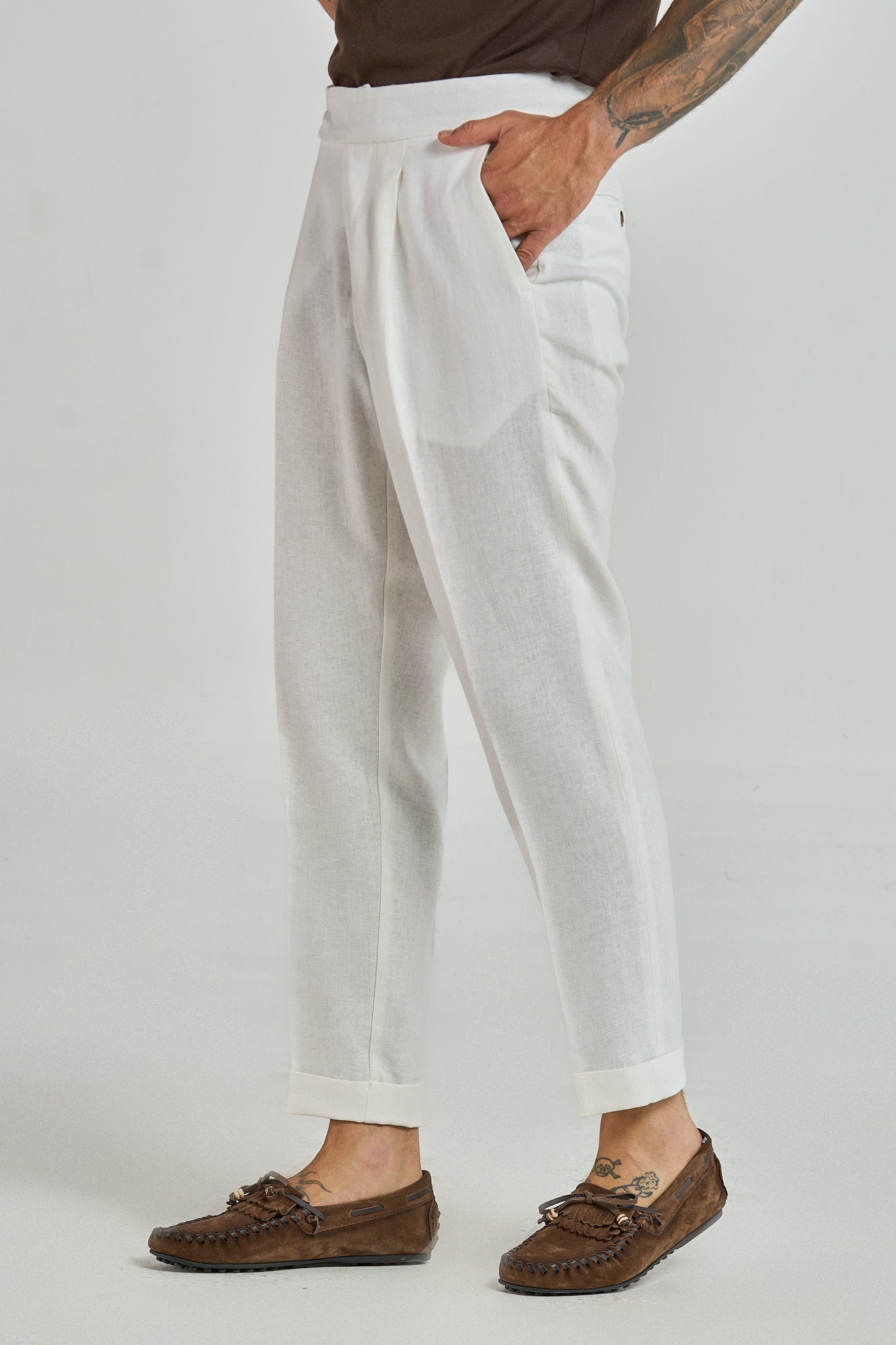 Pantalone Biforcato in Lino Bianco