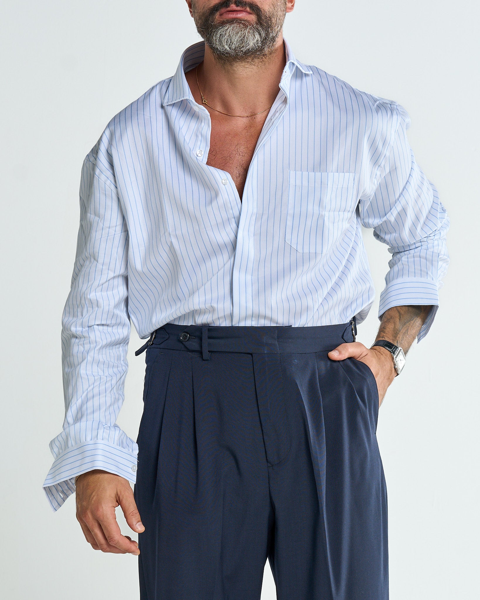 Camicia Over con Taschino Spigata Riga Azzurra