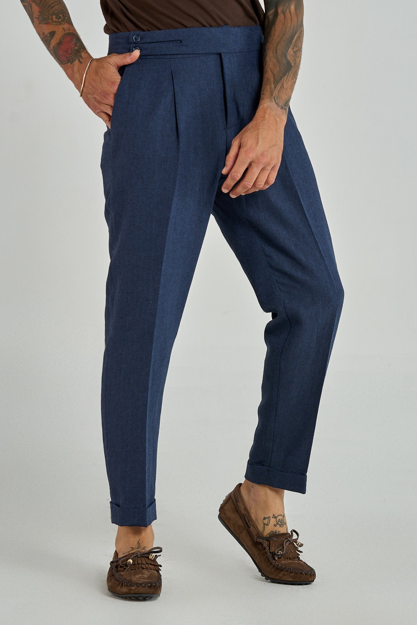 Pantalone Biforcato in Lino Blu