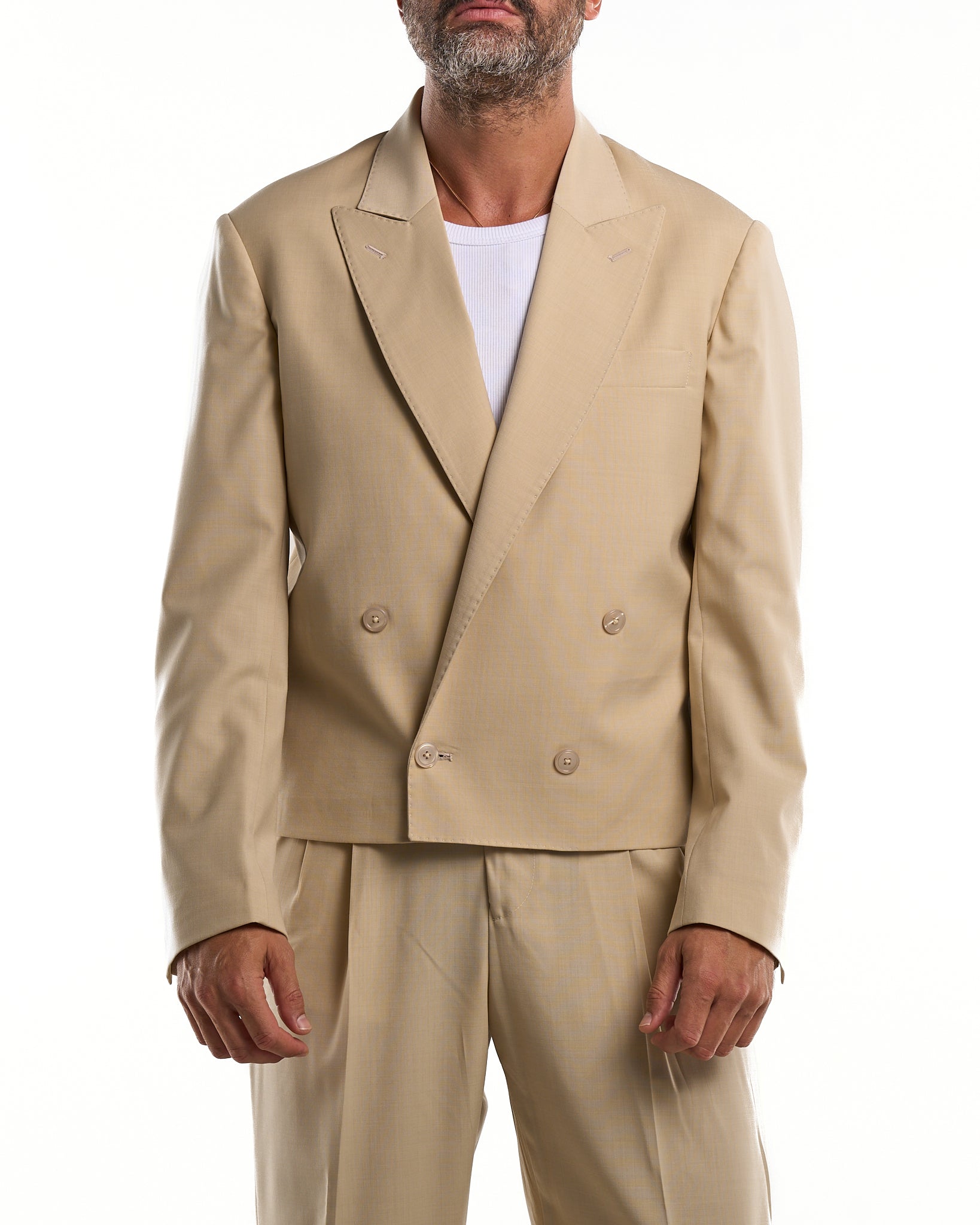 Giacca Doppiopetto Cropped con Rever a Lancia Vaniglia Havana