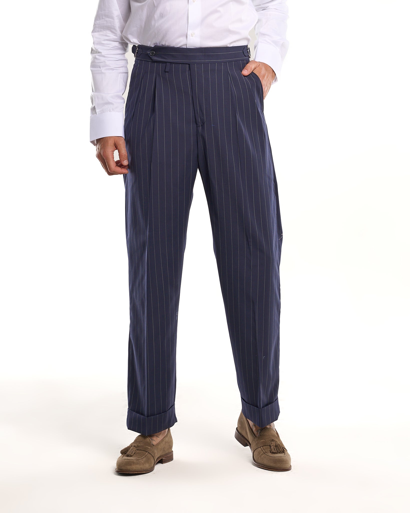Pantalone Fondo Ampio e Fibbie Laterali Blu Riga Verde Riva