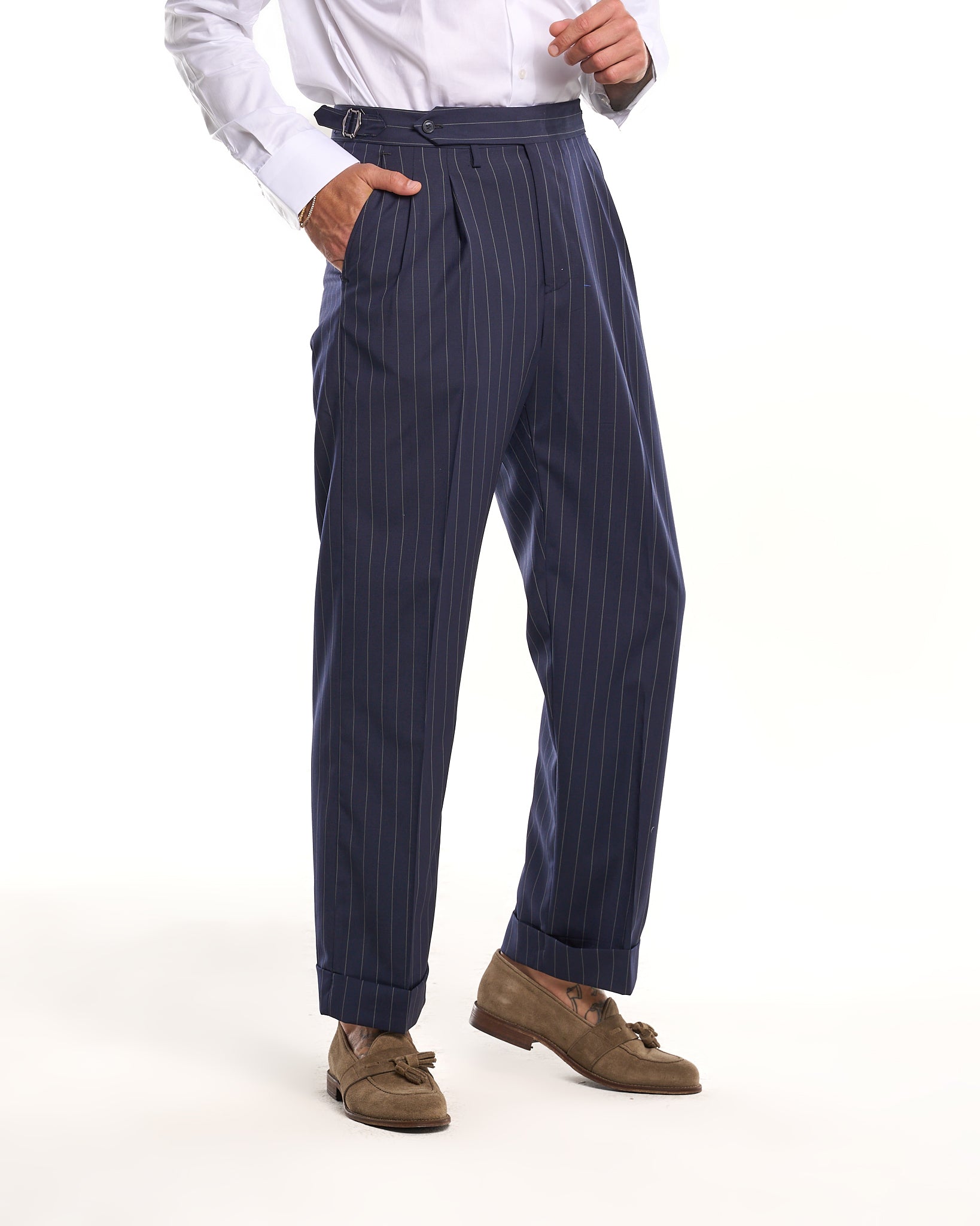 Pantalone Fondo Ampio e Fibbie Laterali Blu Riga Verde Riva