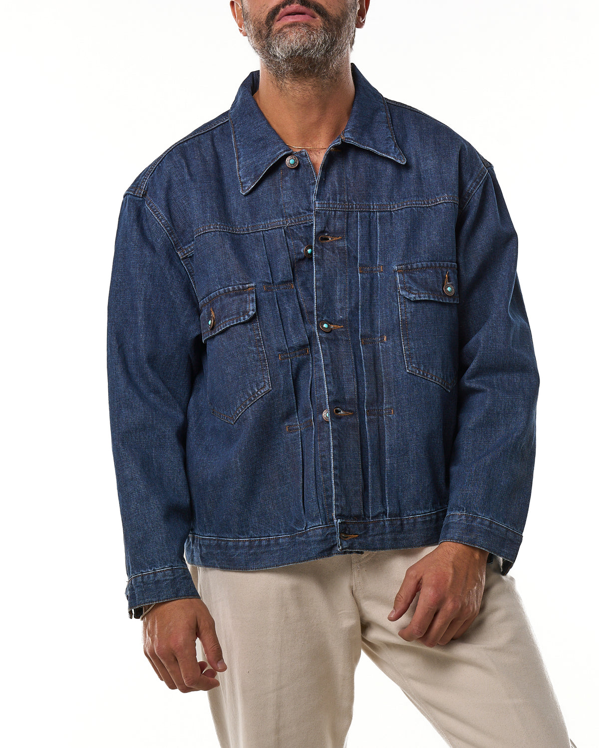 Giubbino con Cuciture a Contrasto in Denim Lavaggio Scuro