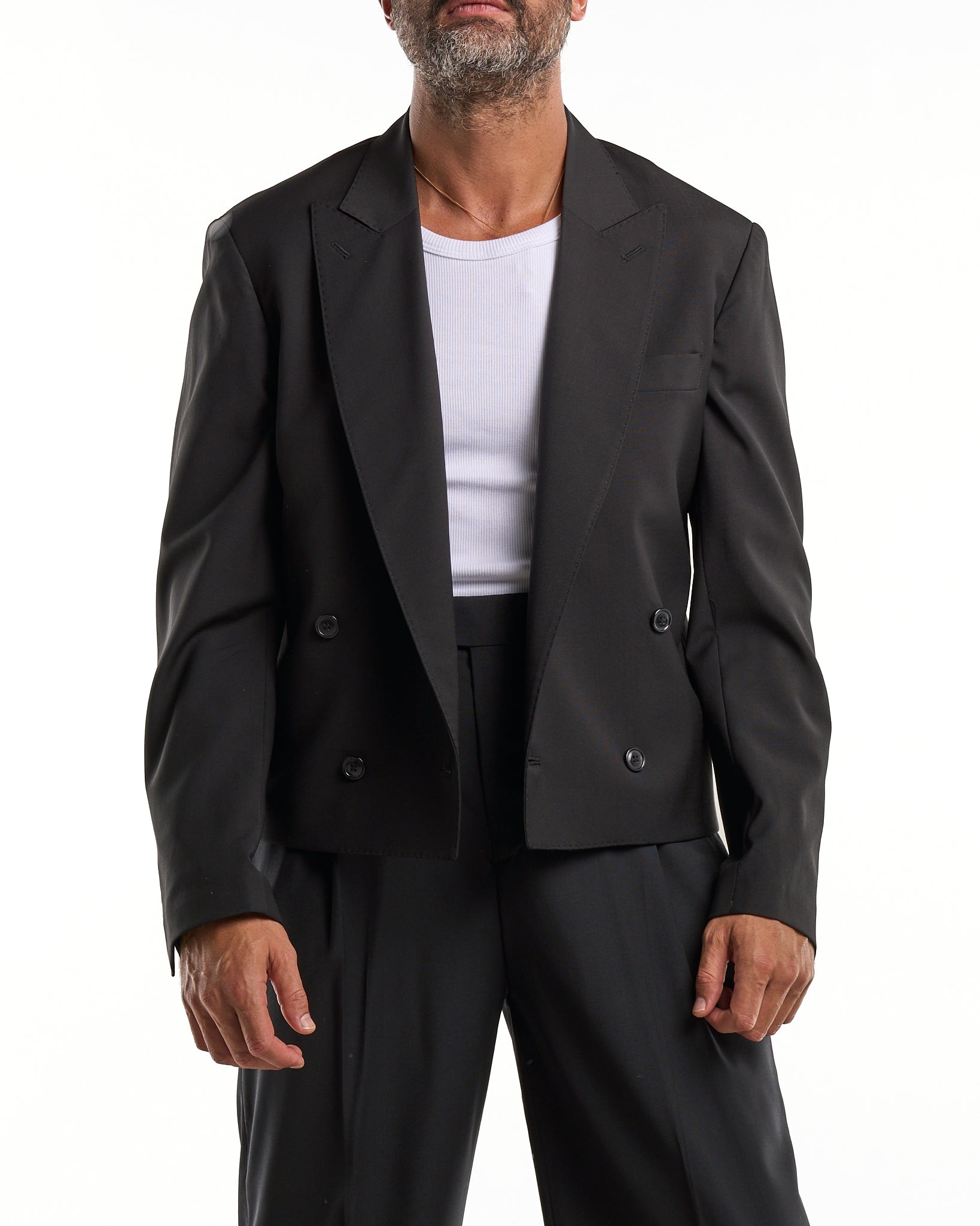 Giacca Doppiopetto Cropped con Rever a Lancia Nera Milano
