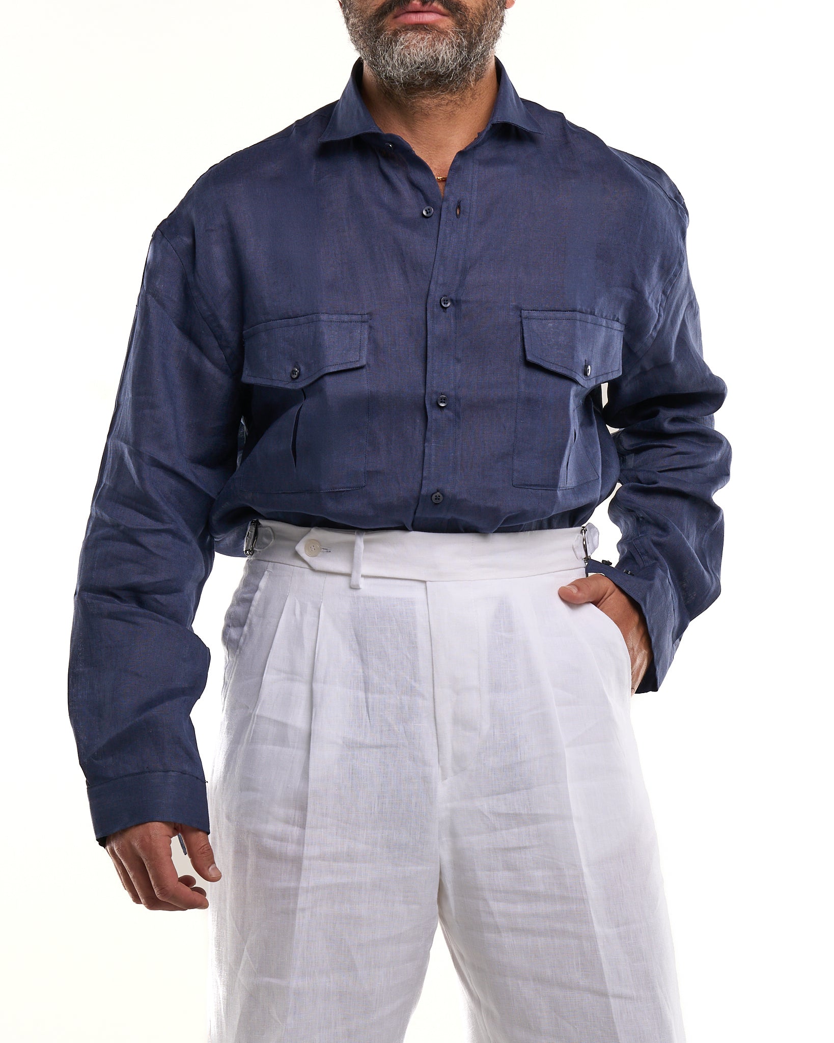 Camicia Texana in Lino Blu