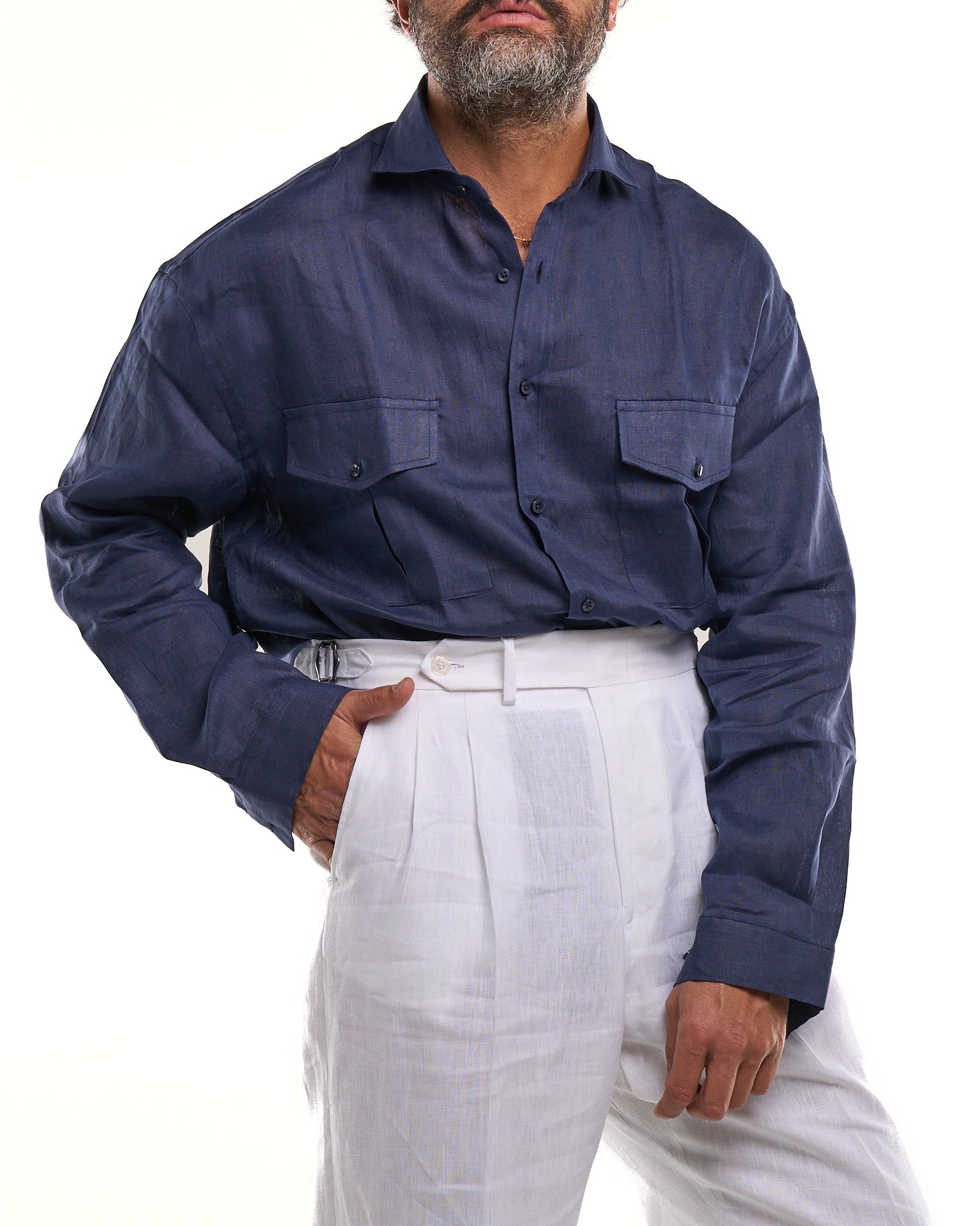 Camicia Texana in Lino Blu