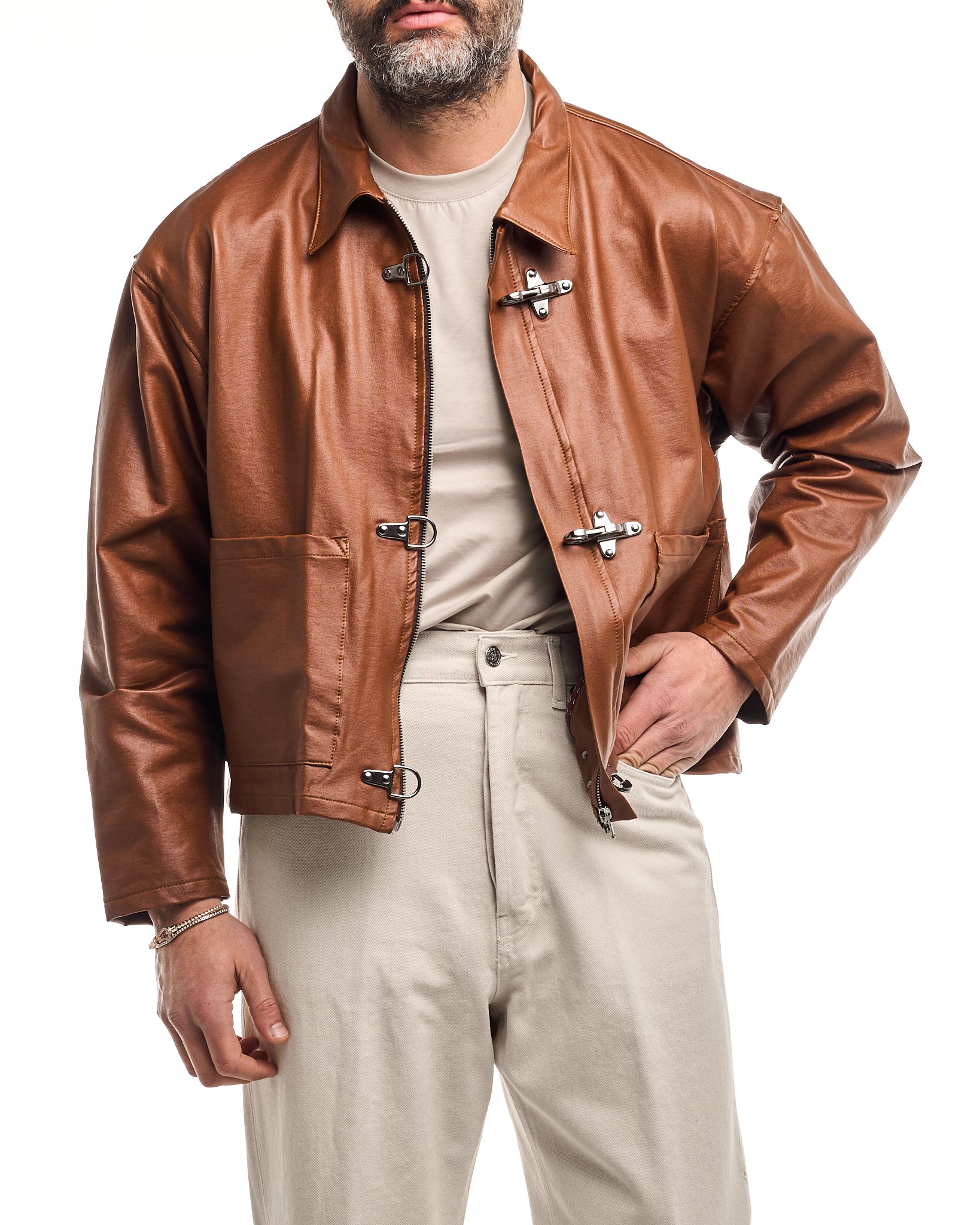Giacca Cropped con Moschettoni Tabacco
