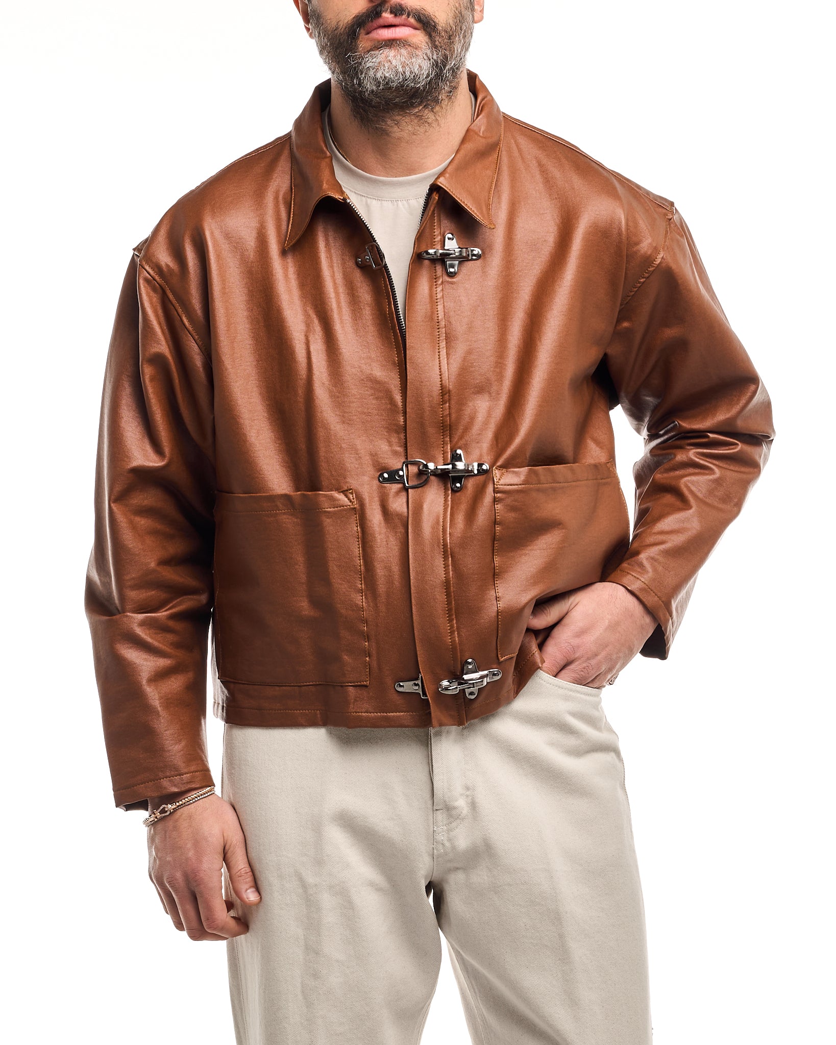 Giacca Cropped con Moschettoni Tabacco