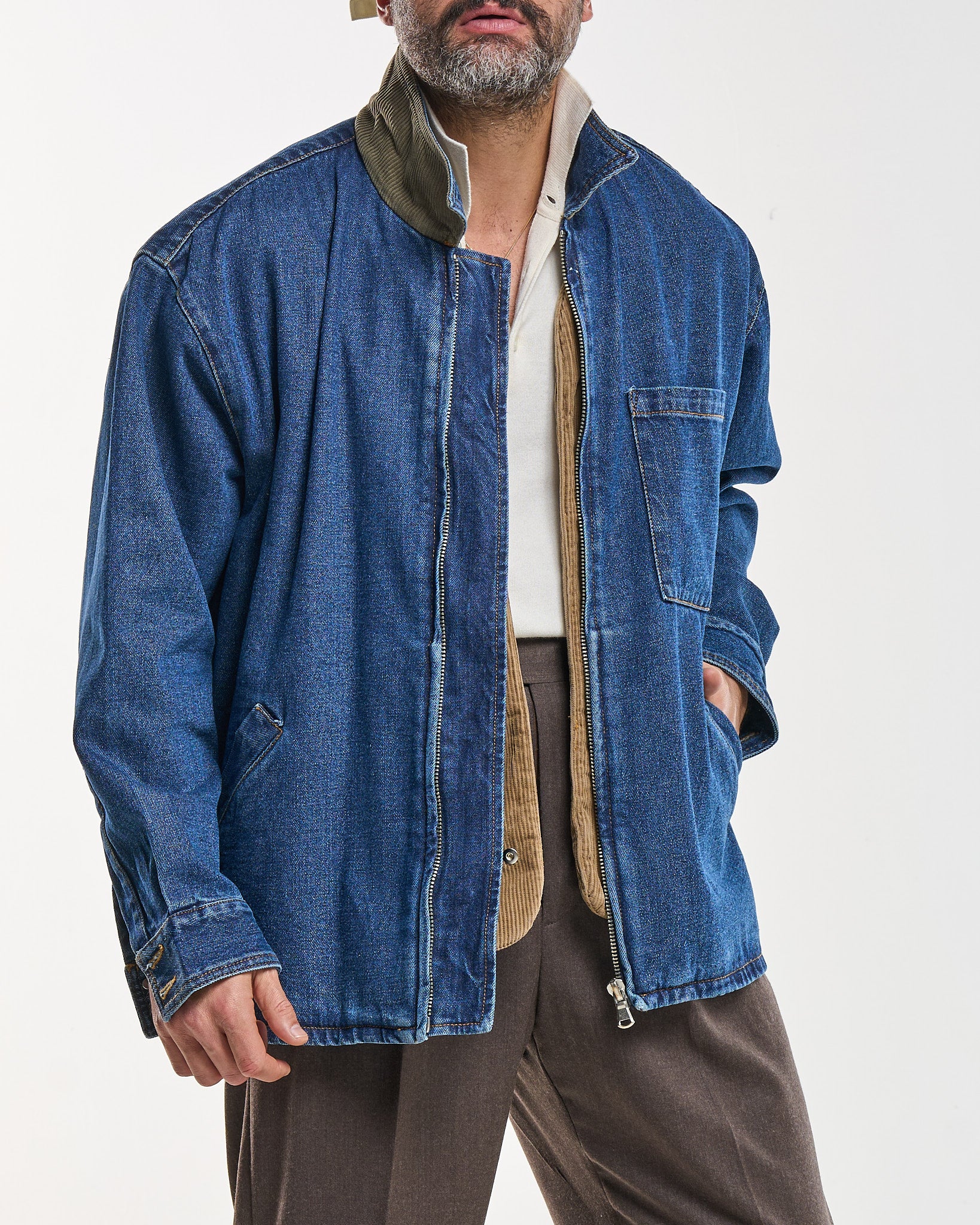 Parka in Jeans con Gilet in Velluto Beige