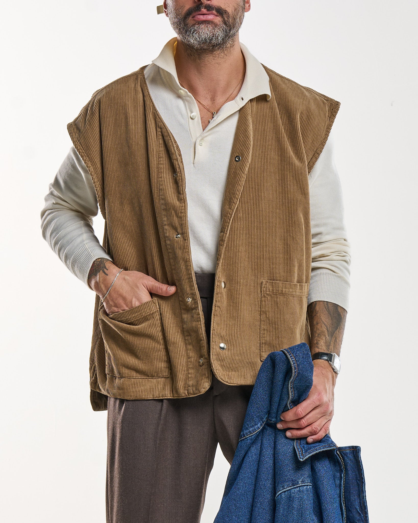 Parka in Jeans con Gilet in Velluto Beige