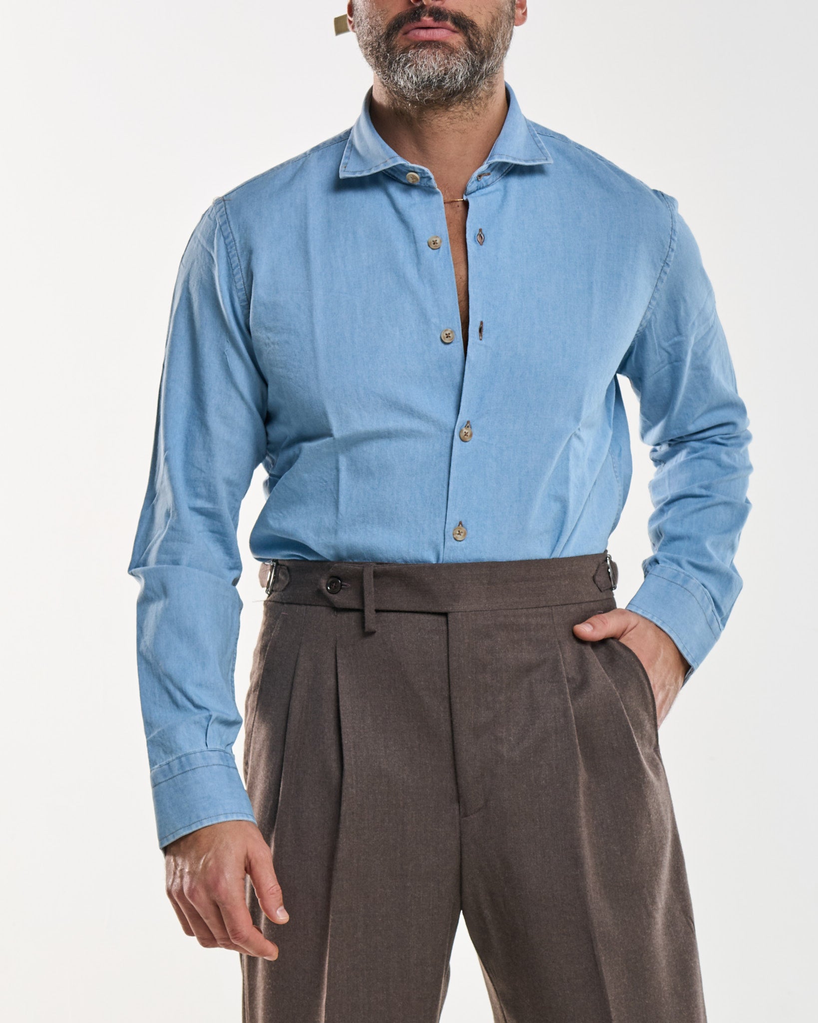 Camicia Collo Francese in Jeans Lavaggio Chiaro