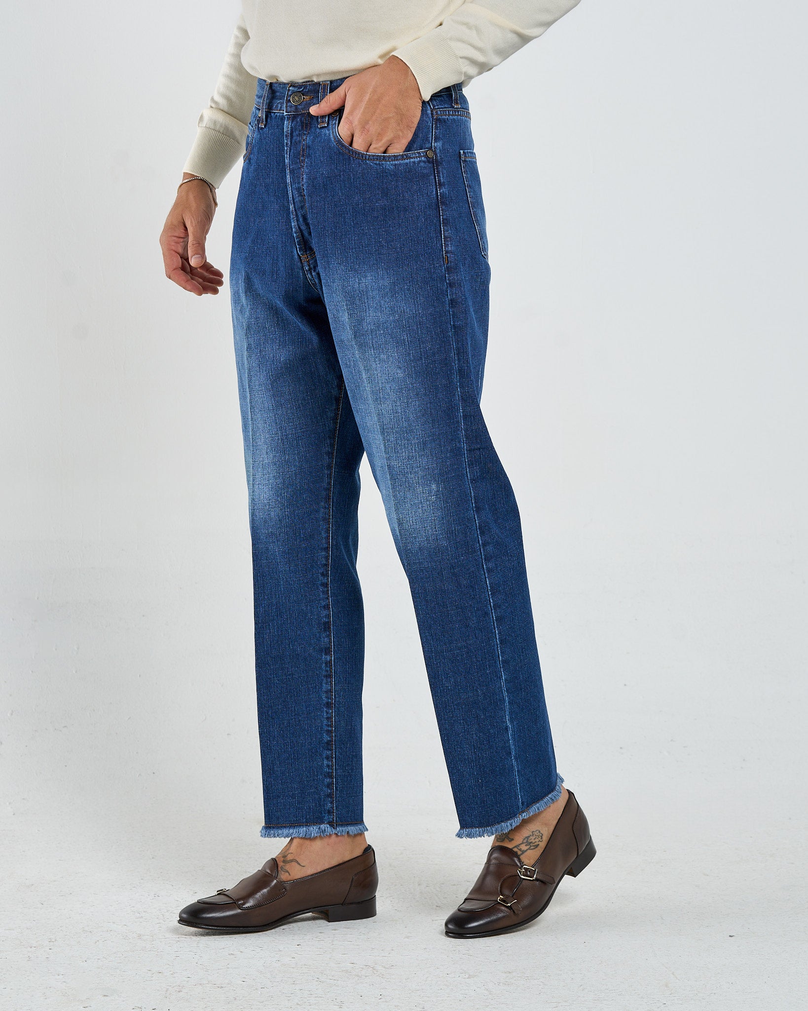 Jeans Vita Alta Fondo Ampio Sfrangiato Lavaggio Blu