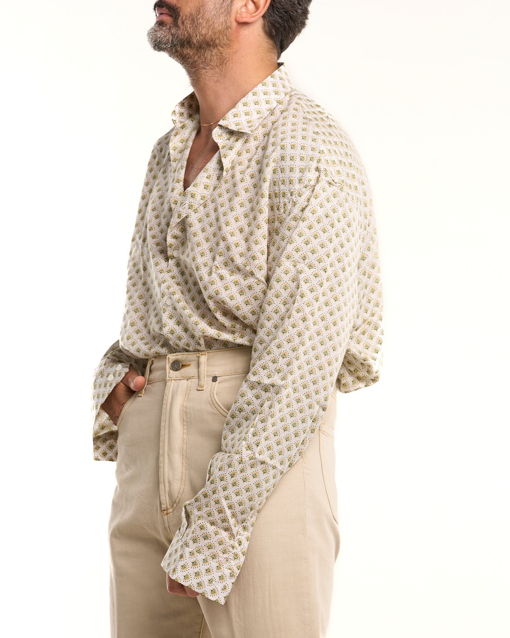 Camicia Oversize in Mussola di Cotone a Fantasia con Fiore Verde