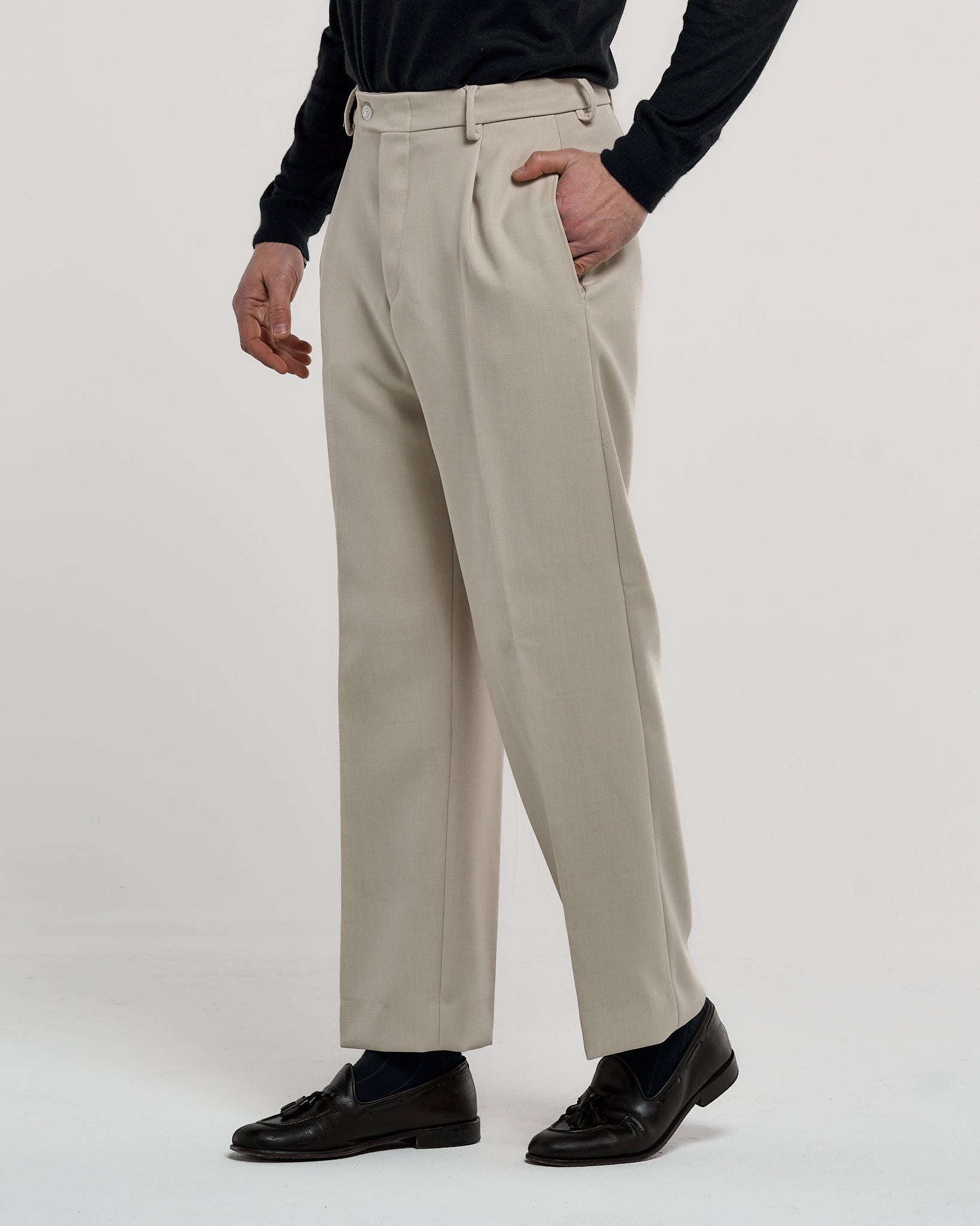 Pantalone Fondo Ampio Senza Piega Diagonale Panna