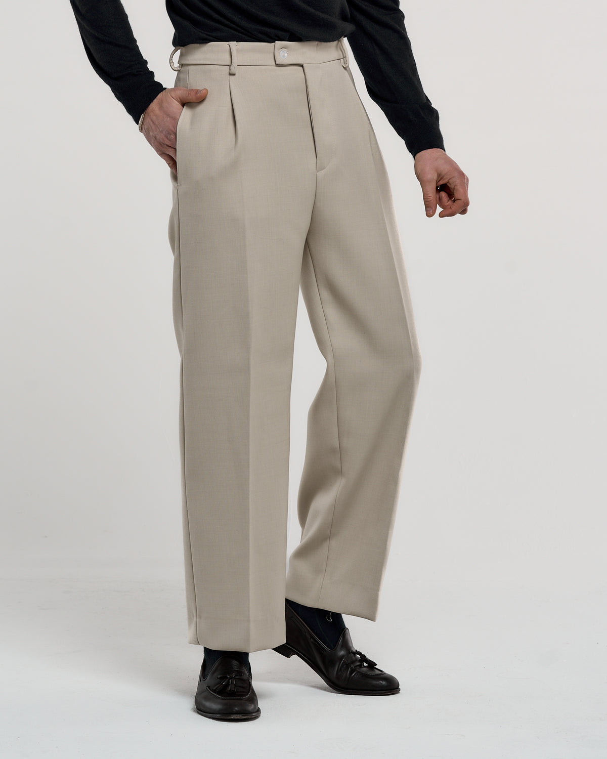 Pantalone Fondo Ampio Senza Piega Diagonale Panna