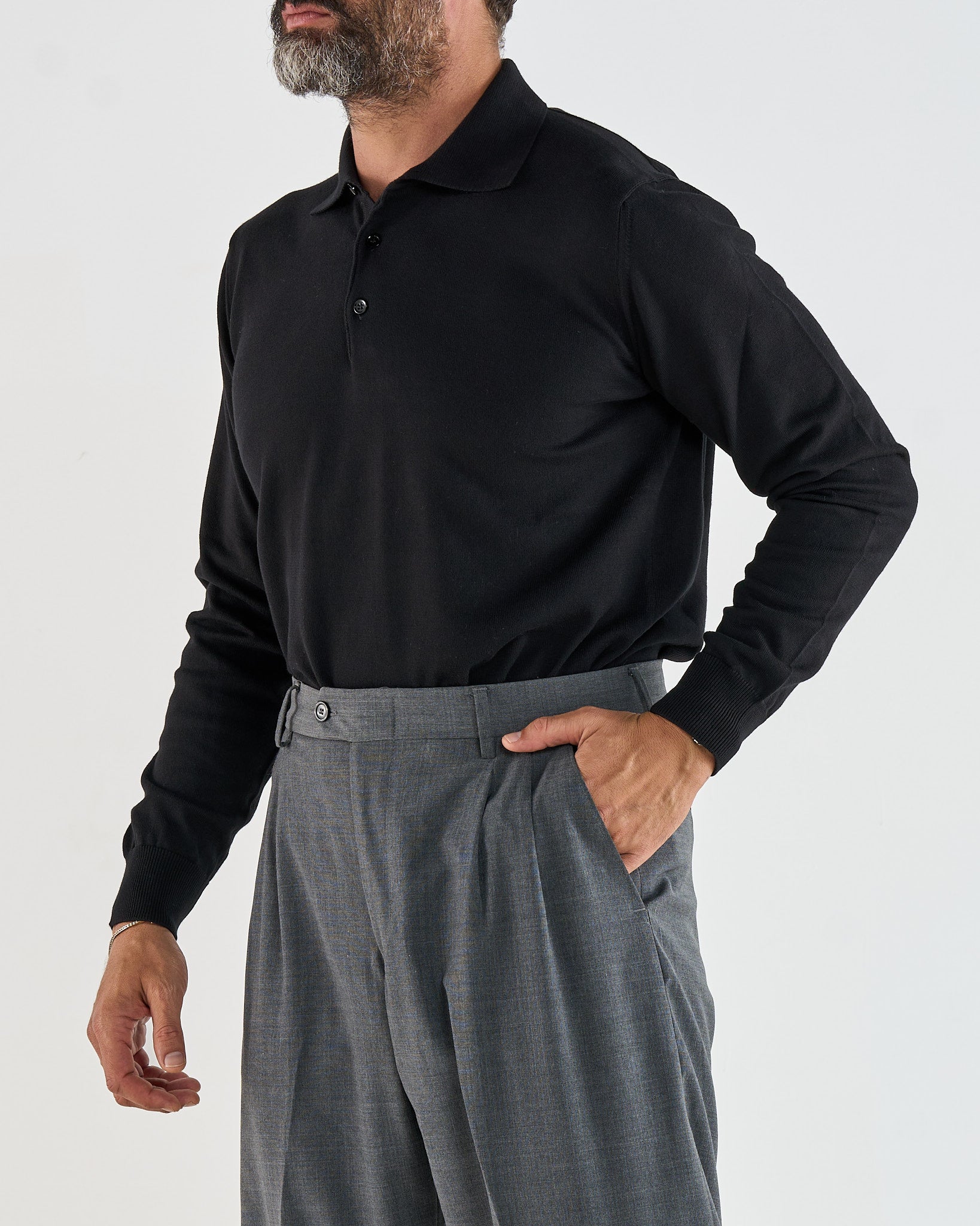 Polo Manica Lunga Tre Bottoni Nero